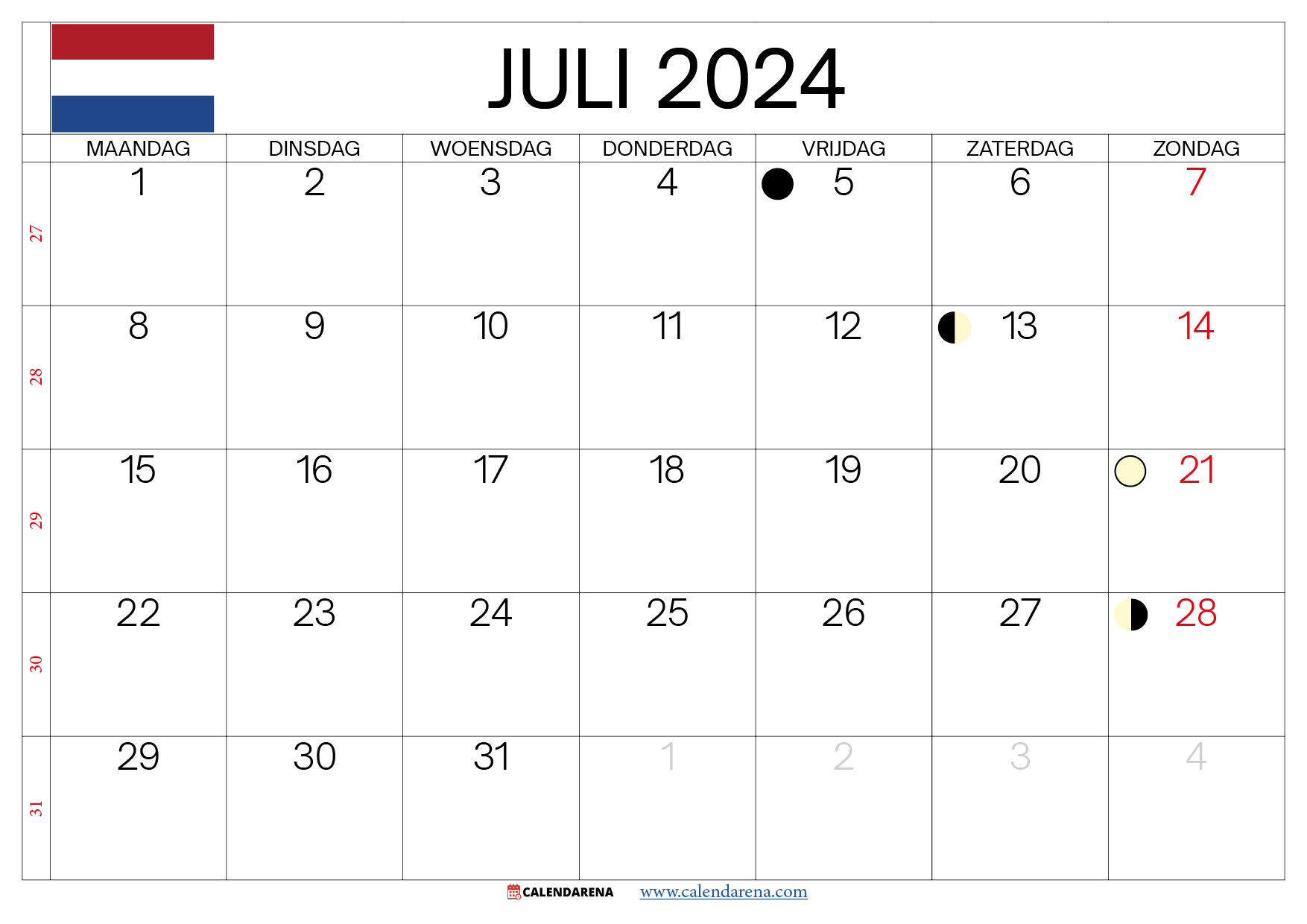 juli 2024 kalender nederland