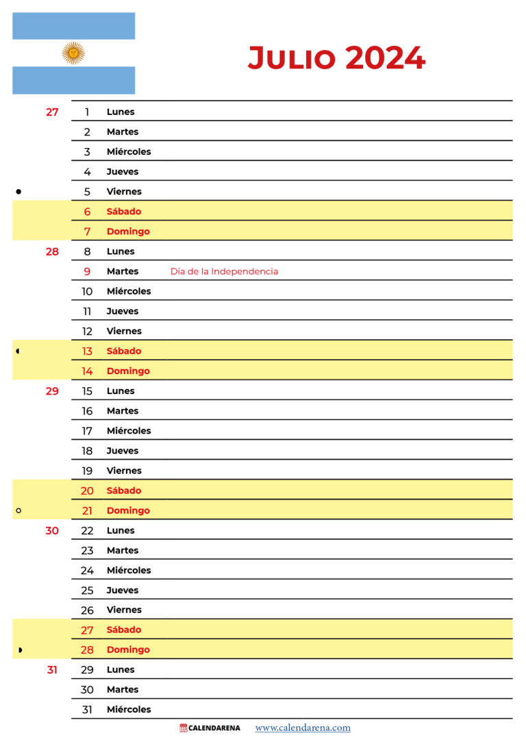 Calendario Julio 2024 Argentina