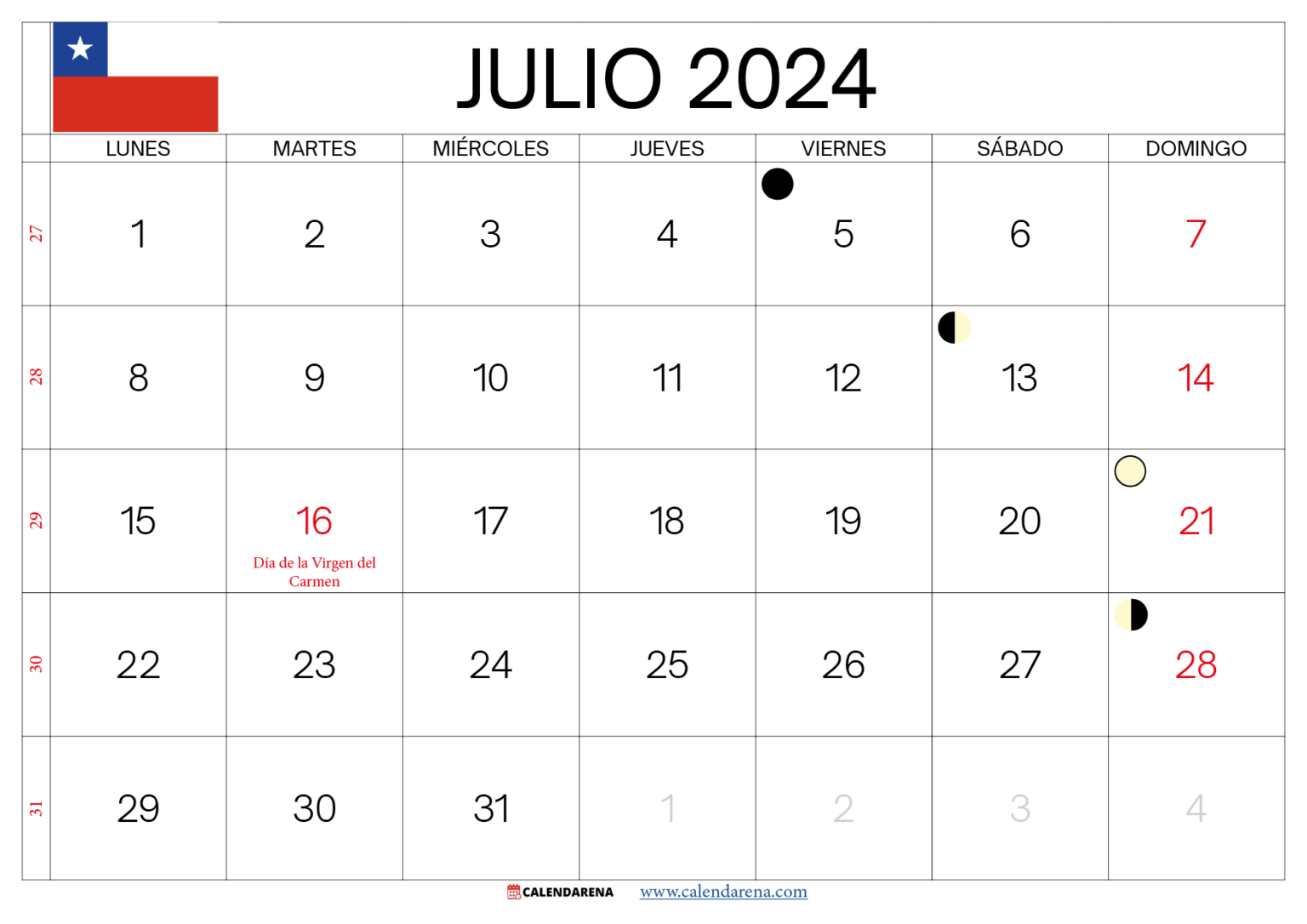 Calendario Julio 2024 Chile Para Imprimir