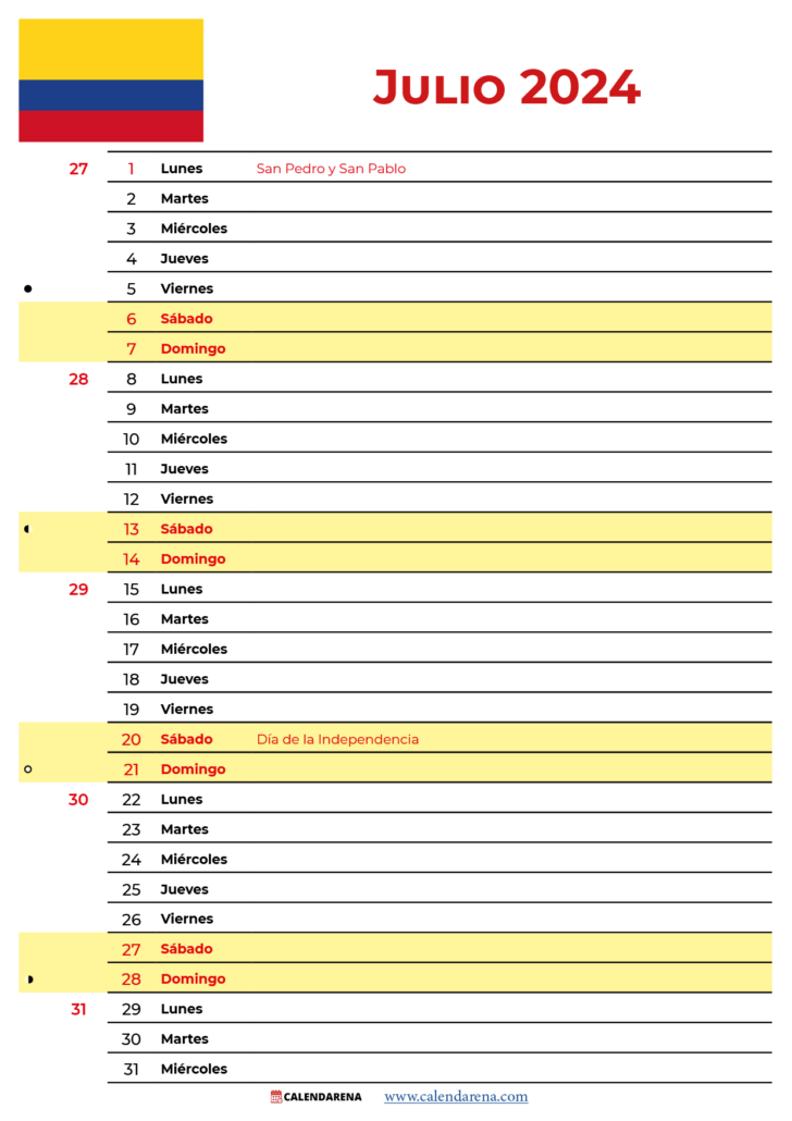 Calendario Julio 2024 Colombia Para Imprimir