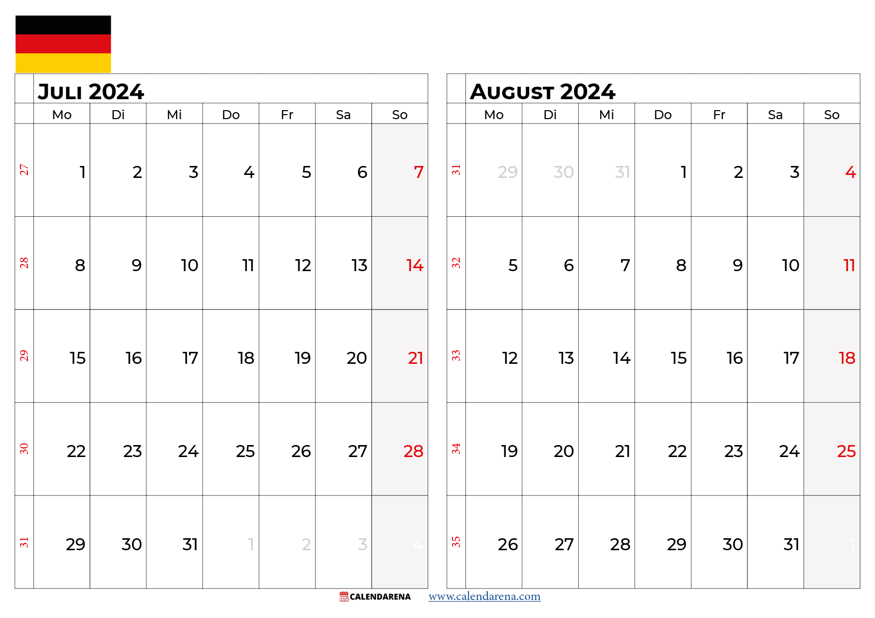 kalender juli august 2024 Deutschland