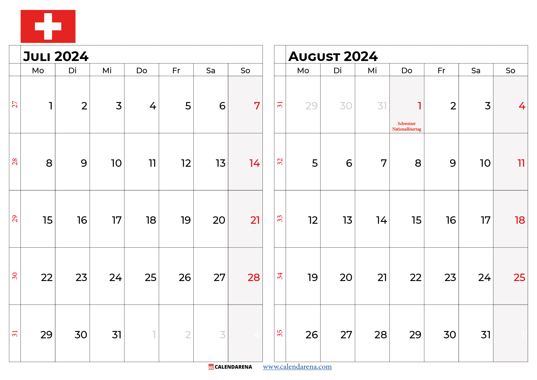 kalender juli august 2024 zum ausdrucken Schweiz