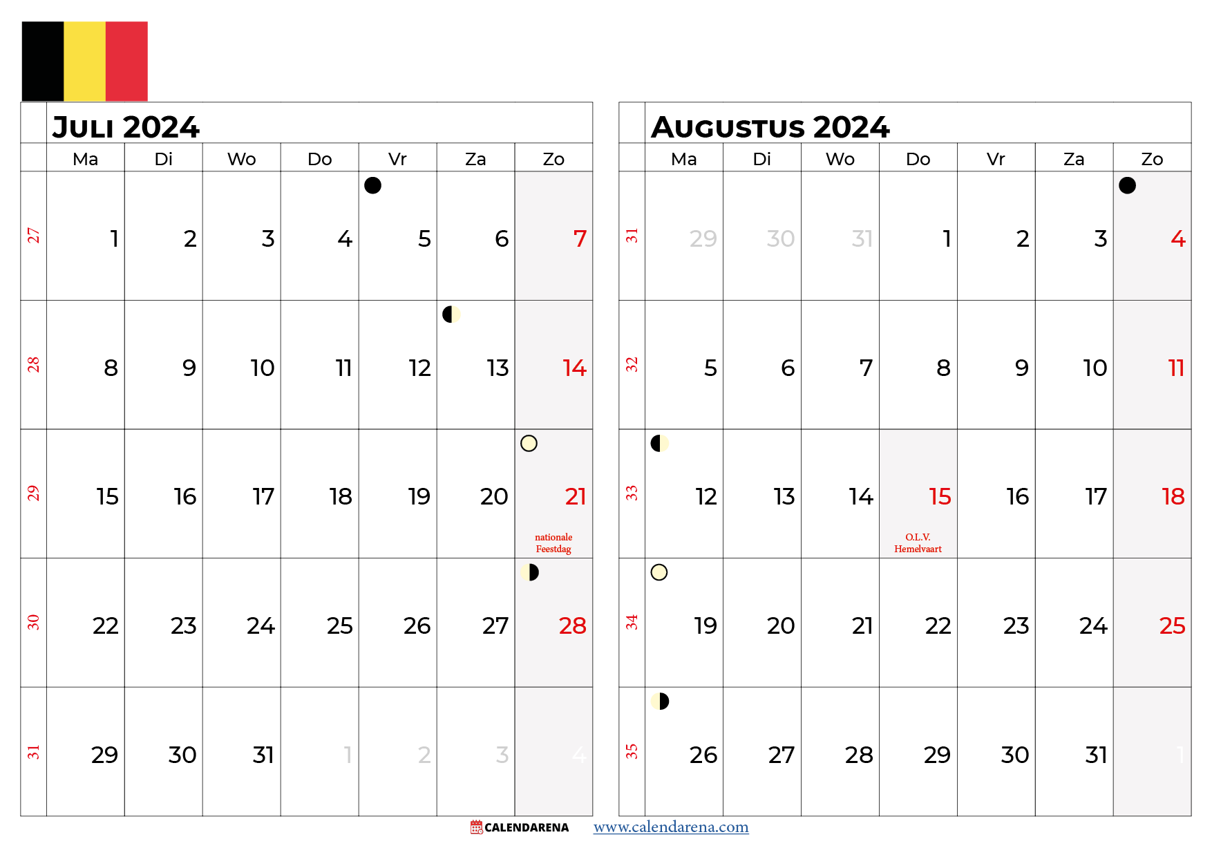 kalender juli augustus 2024 België