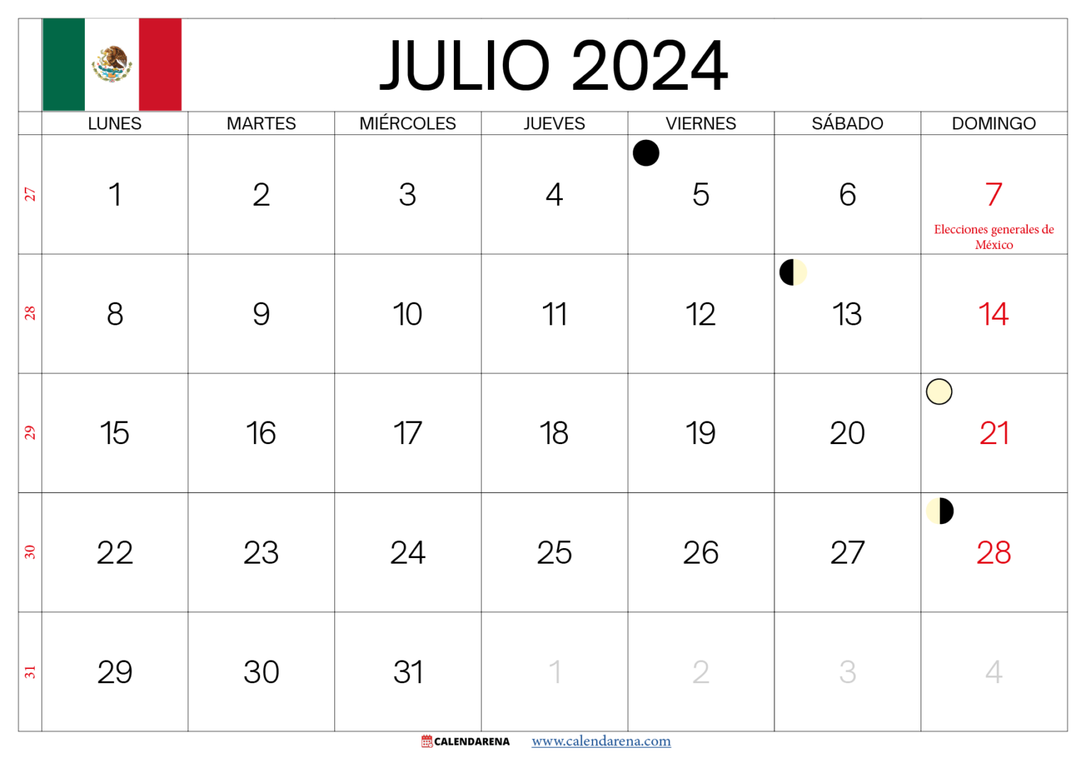 Calendario Julio 2024 México Para Imprimir