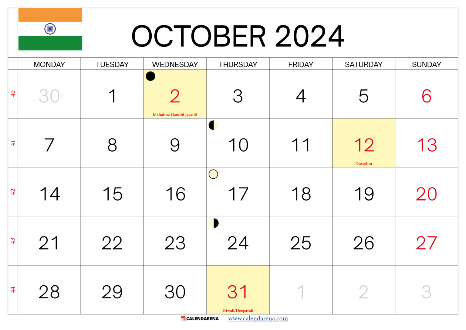 October 2024 Calendar India