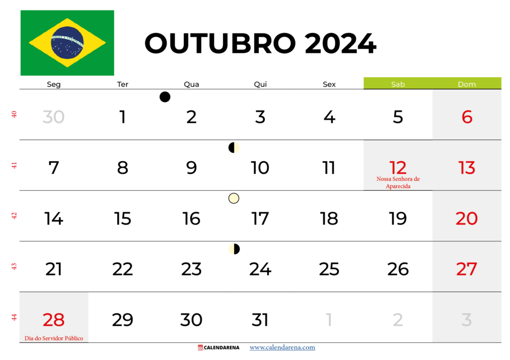 Calendário Outubro 2024 Brasil