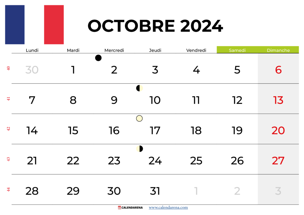 Calendrier Octobre 2024 France