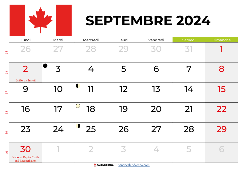 Calendrier Septembre 2024 Quebec