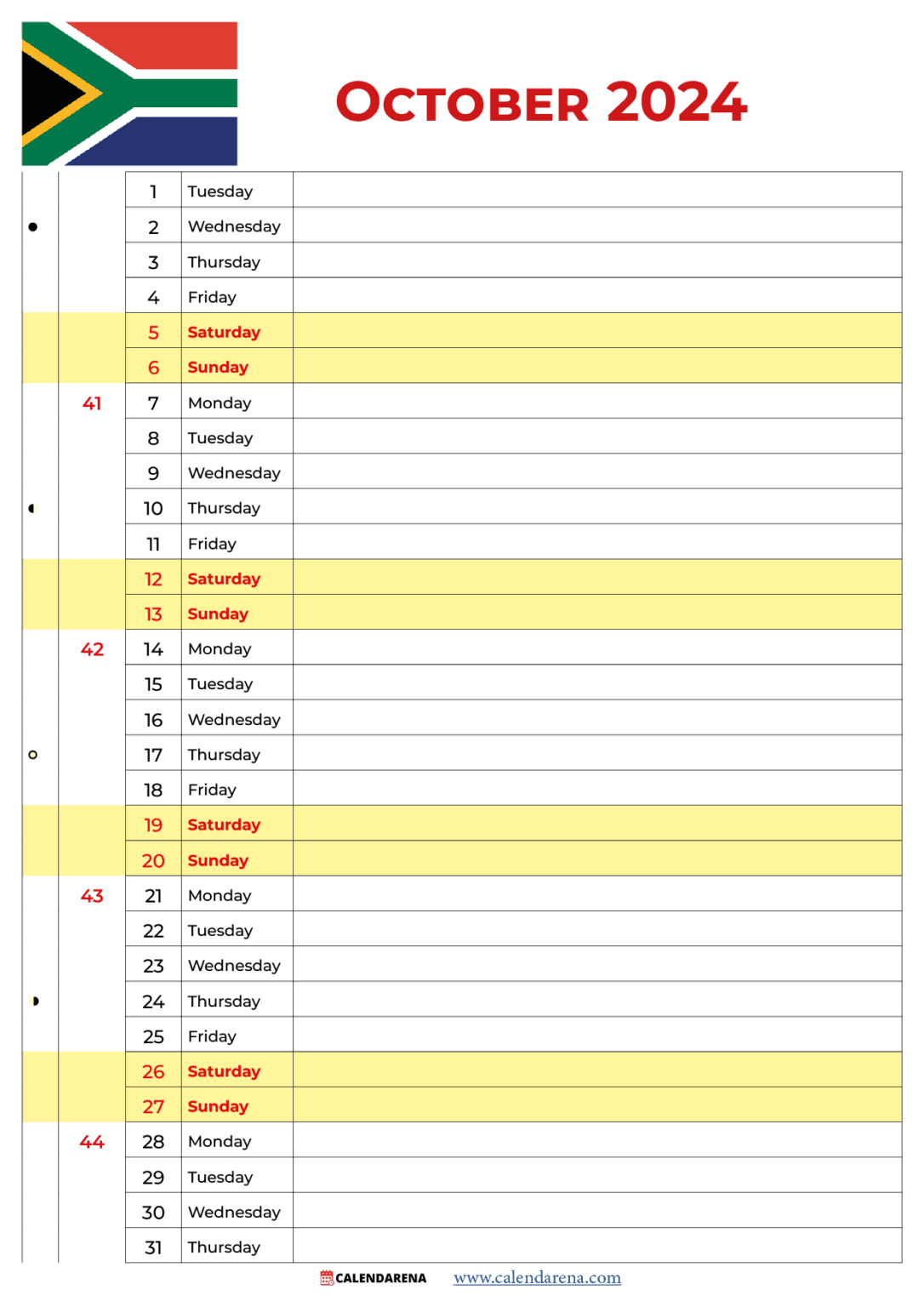 October 2024 Calendar South Africa