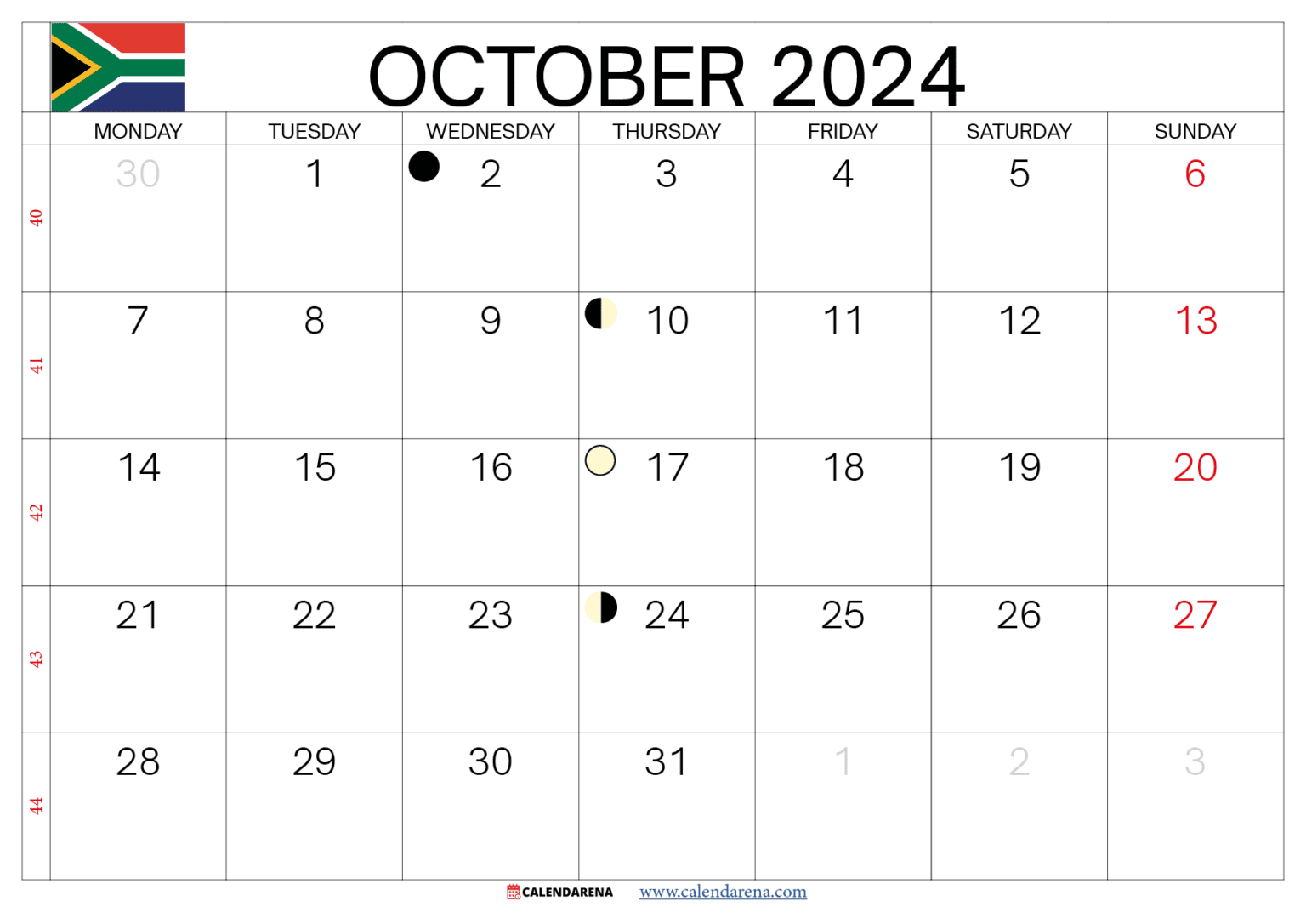 October 2024 Calendar South Africa