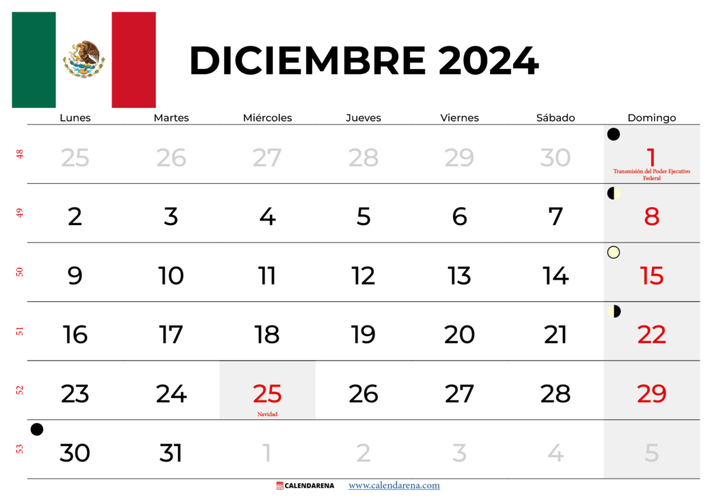 Calendario Diciembre 2024 Mexico