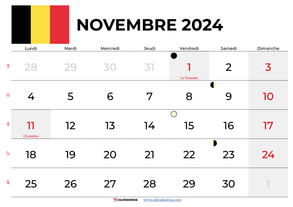 Calendrier Novembre 2024 Belgique