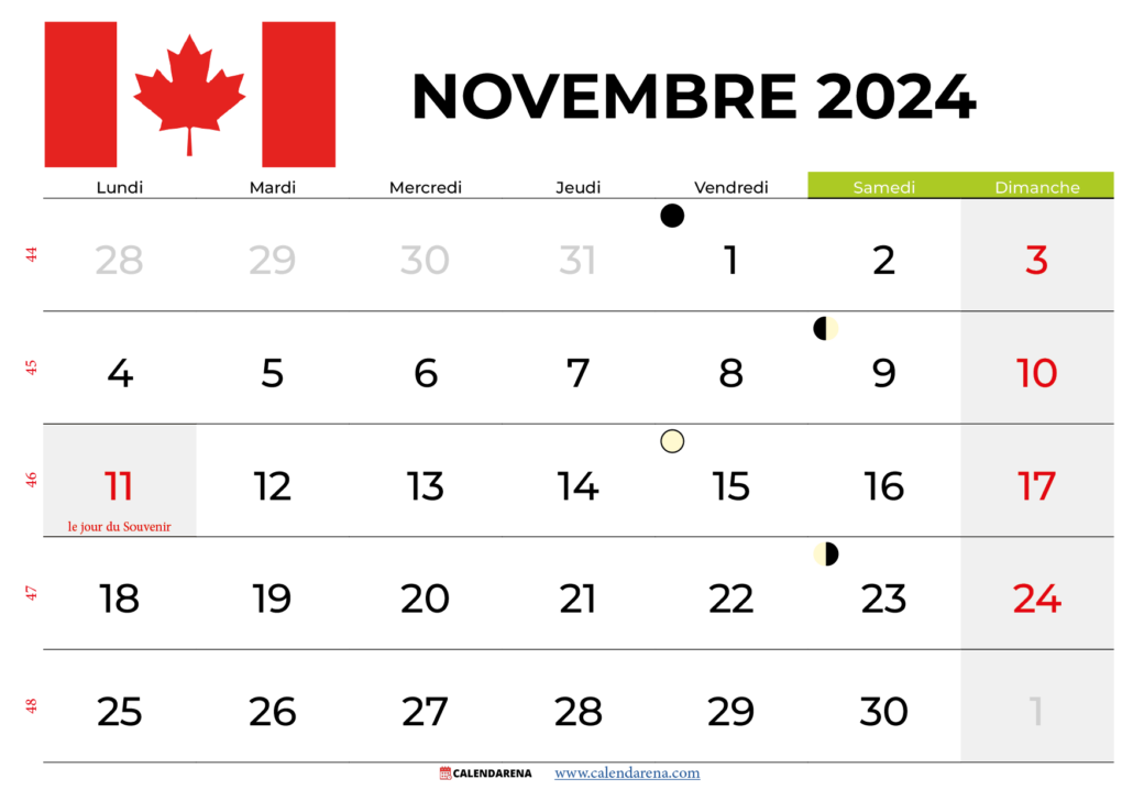 Calendrier Novembre 2024 Québec