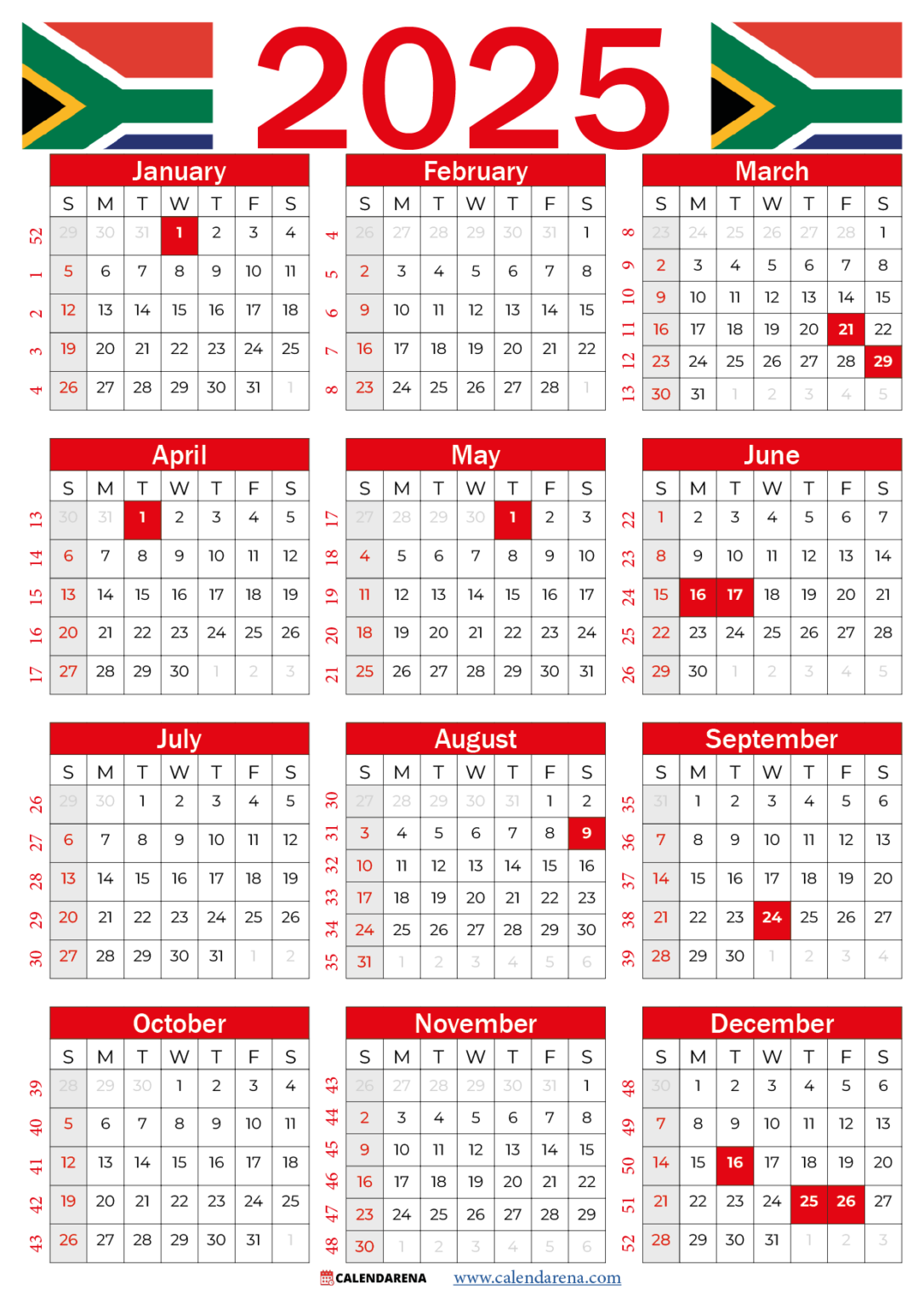 2025 Calendar South Africa With Holidays Printable