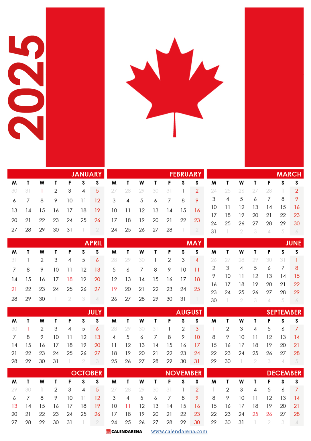 2025 Calendar Canada Printable Free