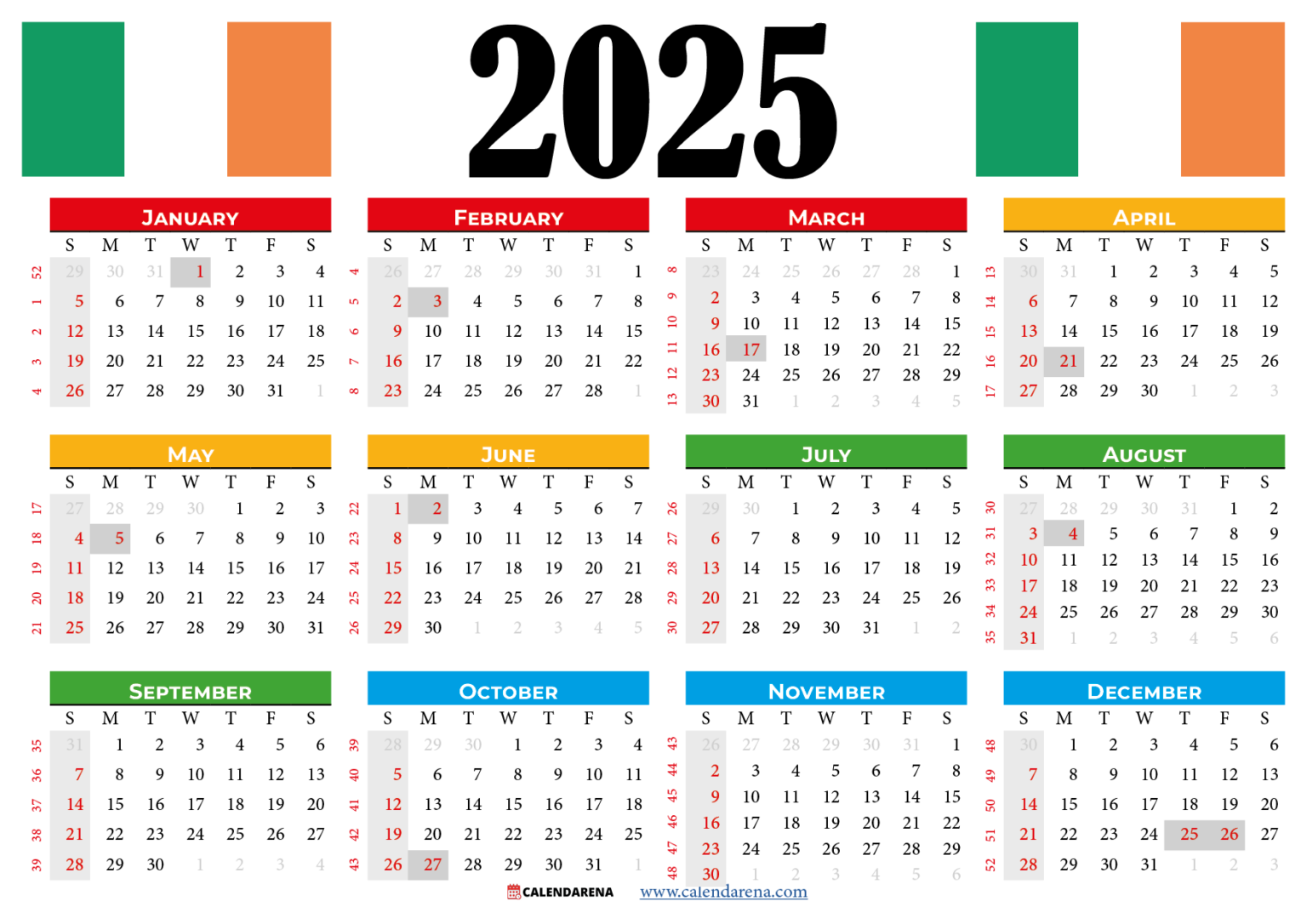 2025 Calendar Ireland With Holidays