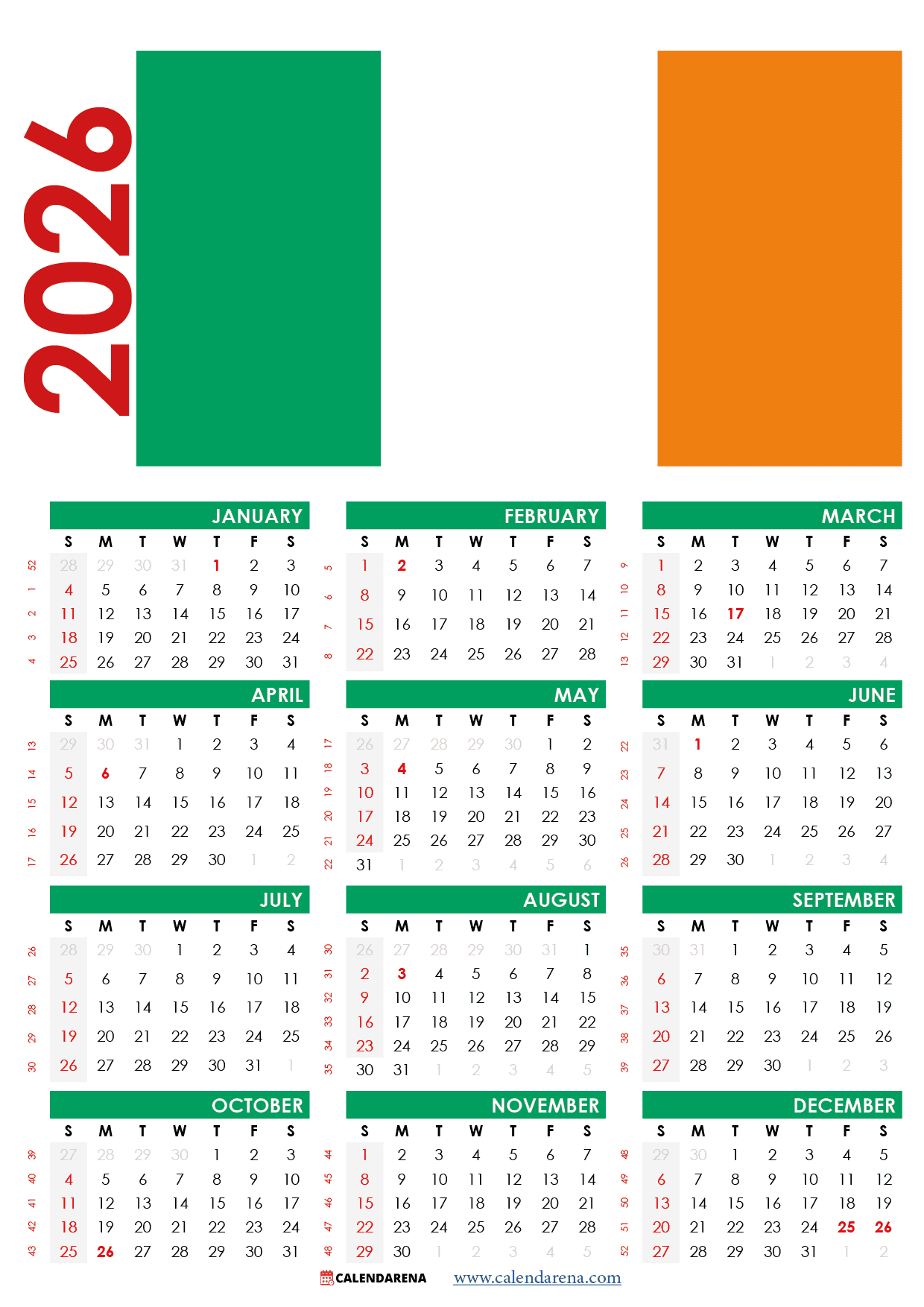 Irish Calendar 2026 Printable