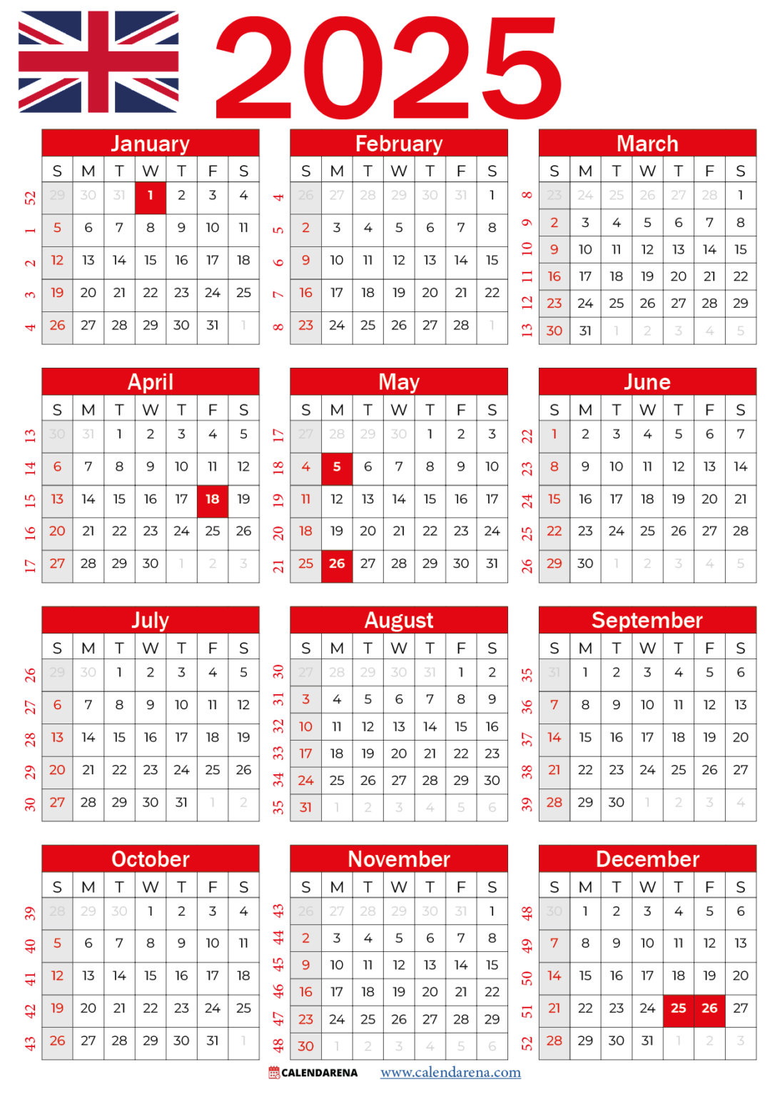 2025 Calendar UK With Holidays