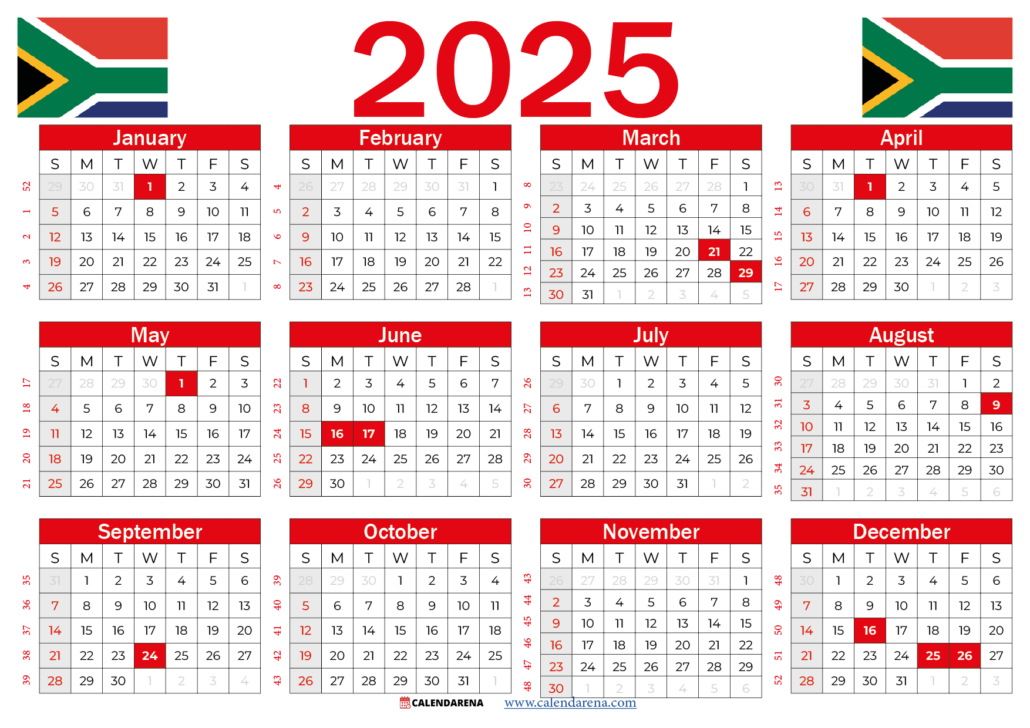 South African Calendar 2025 With Public Holidays Pdf 