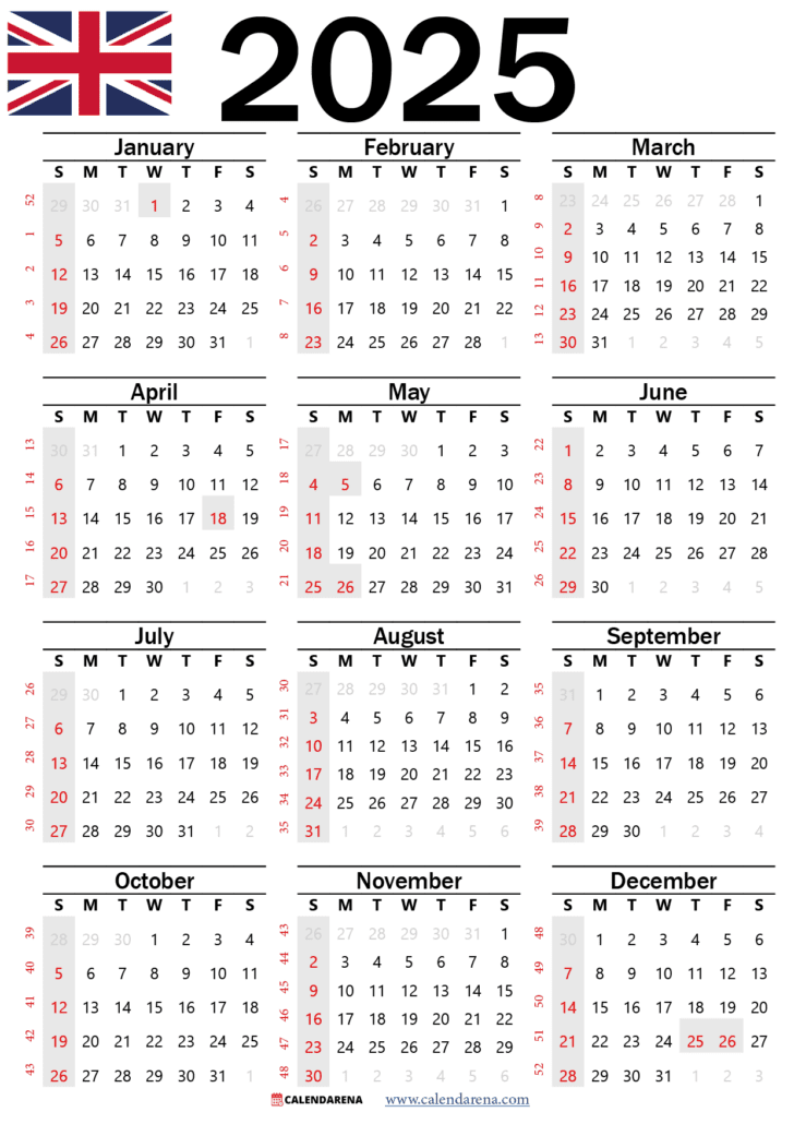 2025 calendar UK with holidays Calendarena