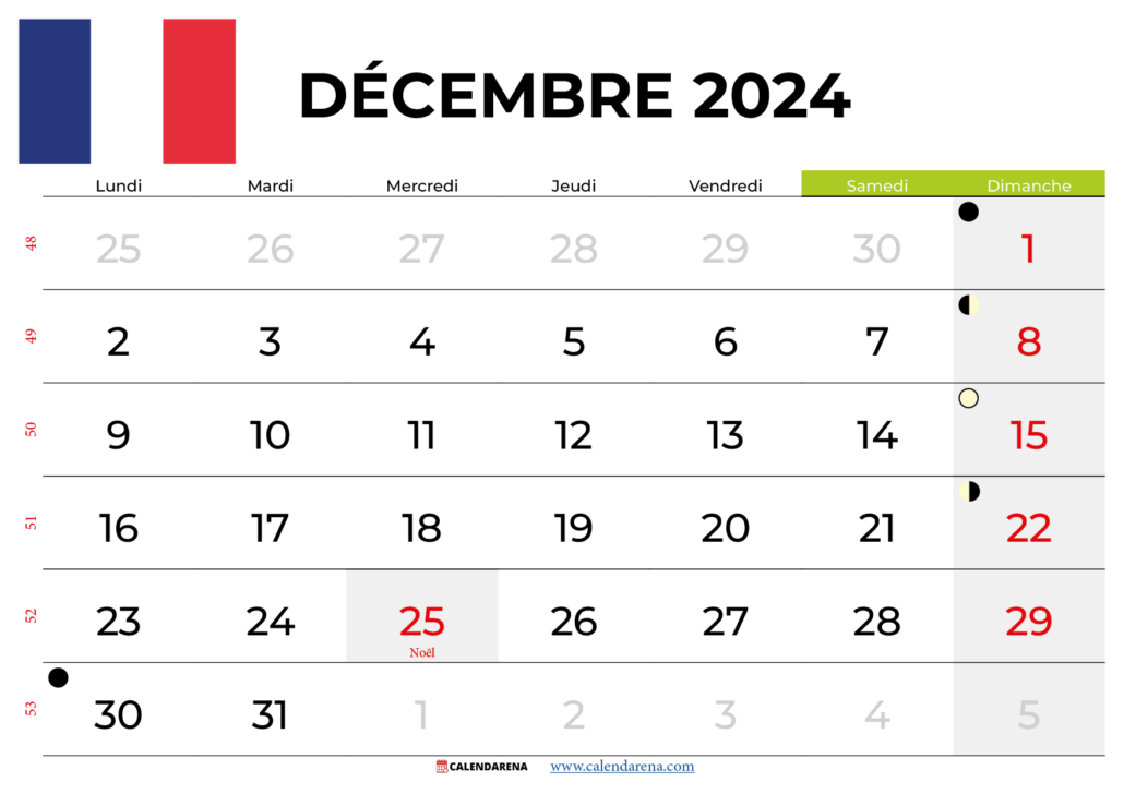 Calendrier Décembre 2024 À Imprimer France