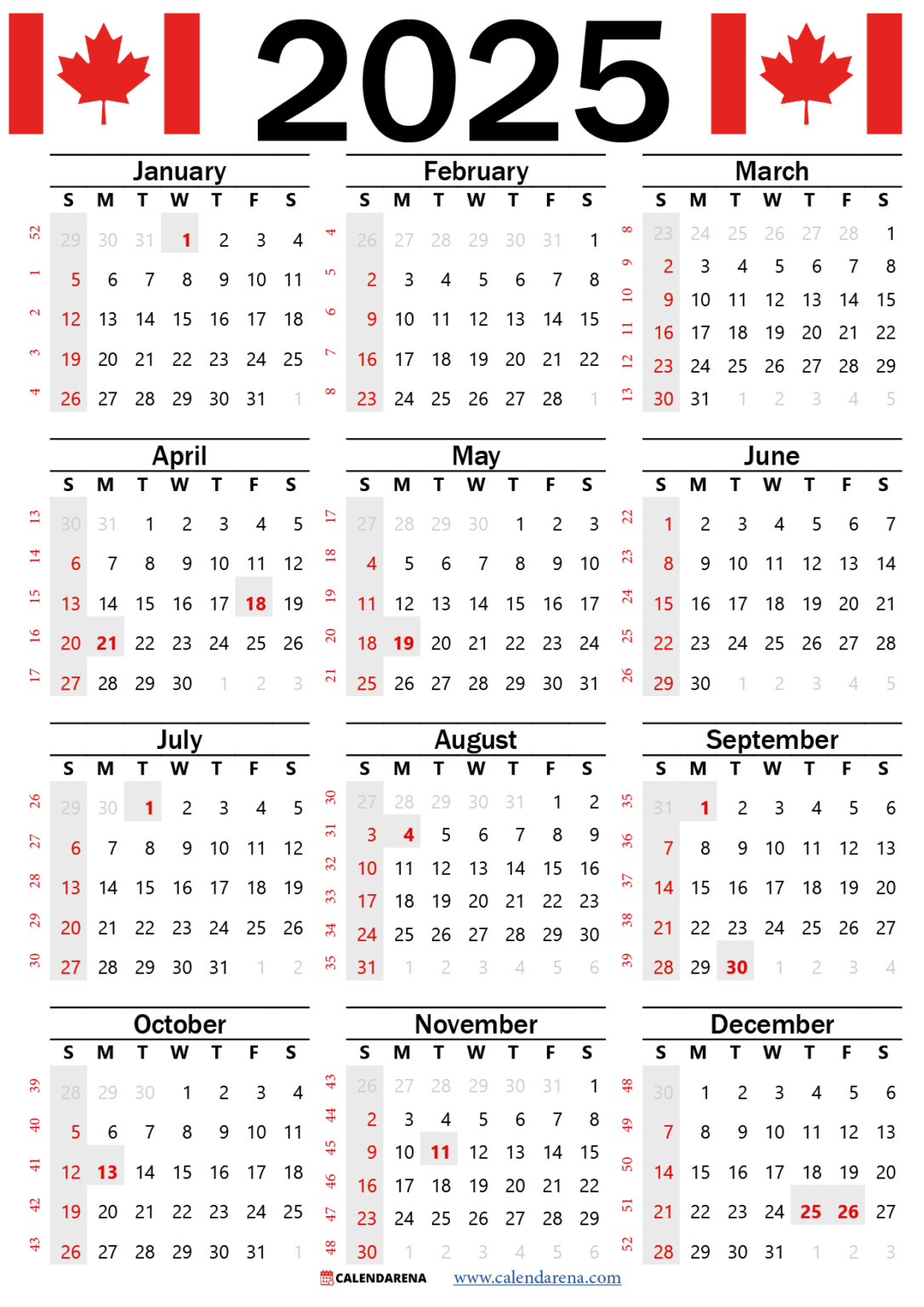 2025 Calendar Canada Printable Free