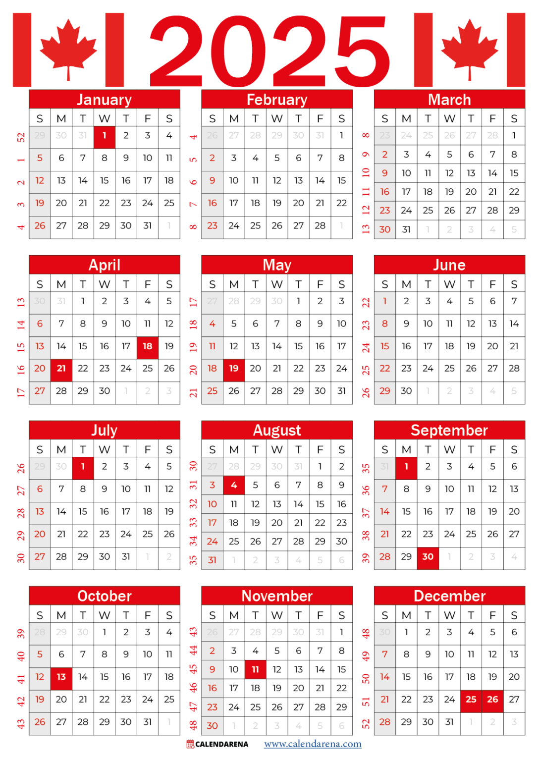 2025 Calendar Canada Printable Free