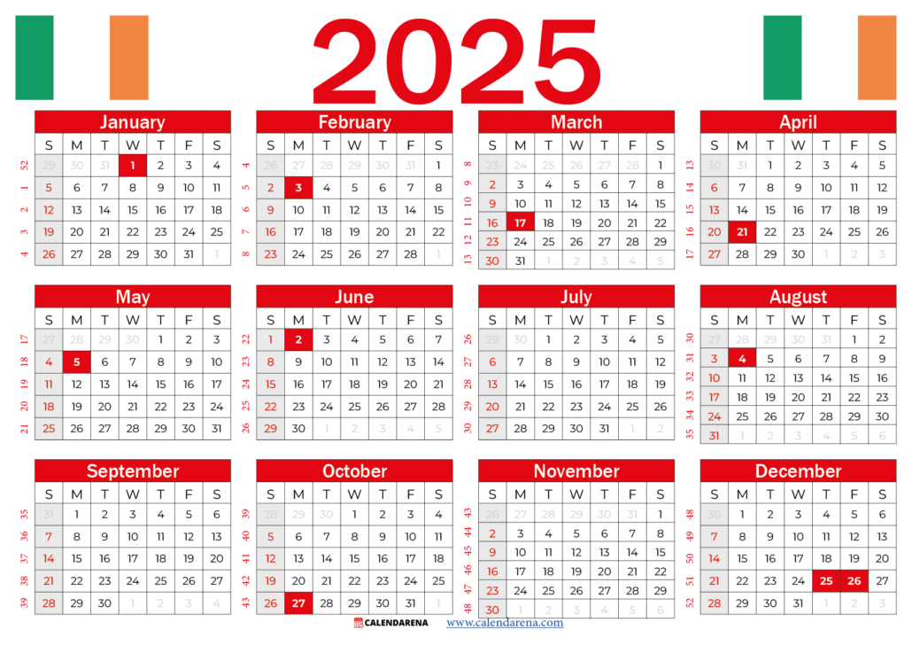 2025 Calendar Ireland With Holidays