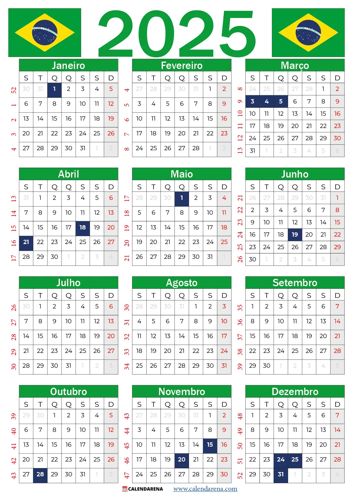 Calendário 2025 Com Feriados Para Imprimir Brasil