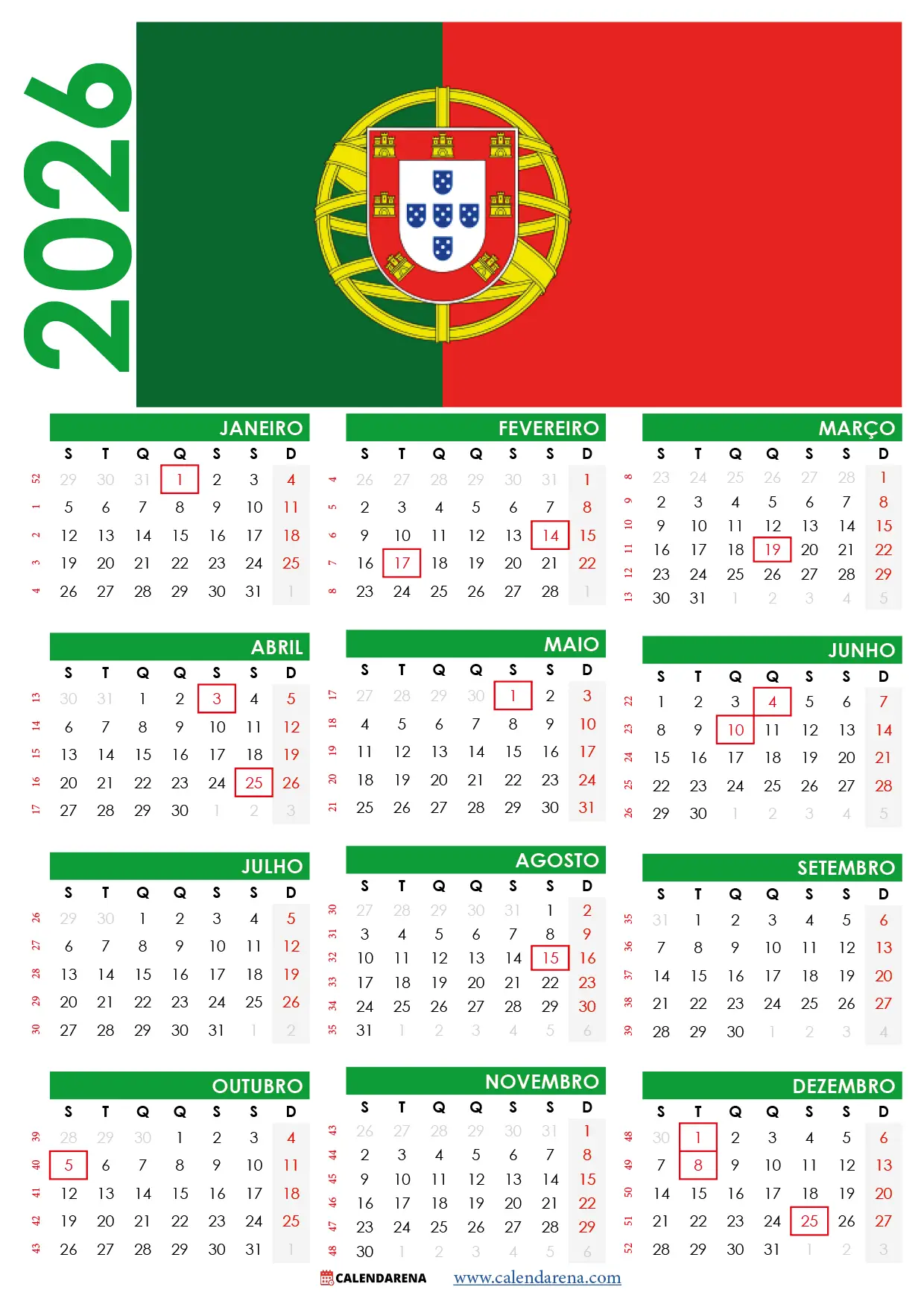 Calendário 2026 Portugal