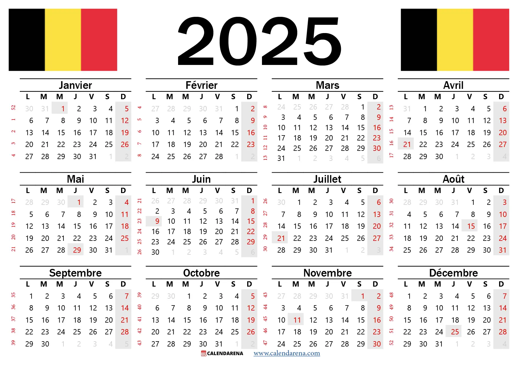 Calendrier 2025 Belgique À Imprimer