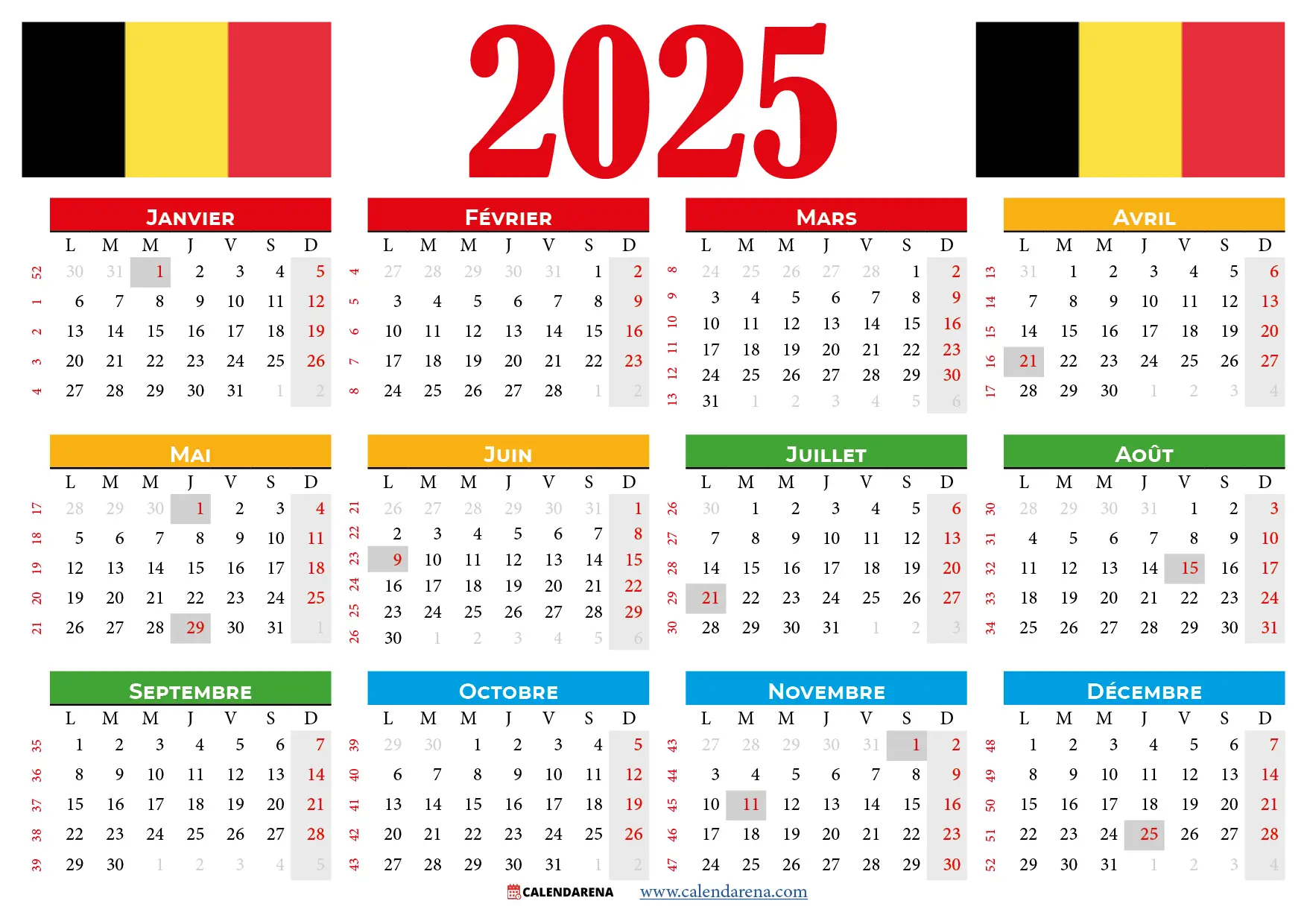 Calendrier 2025 Belgique