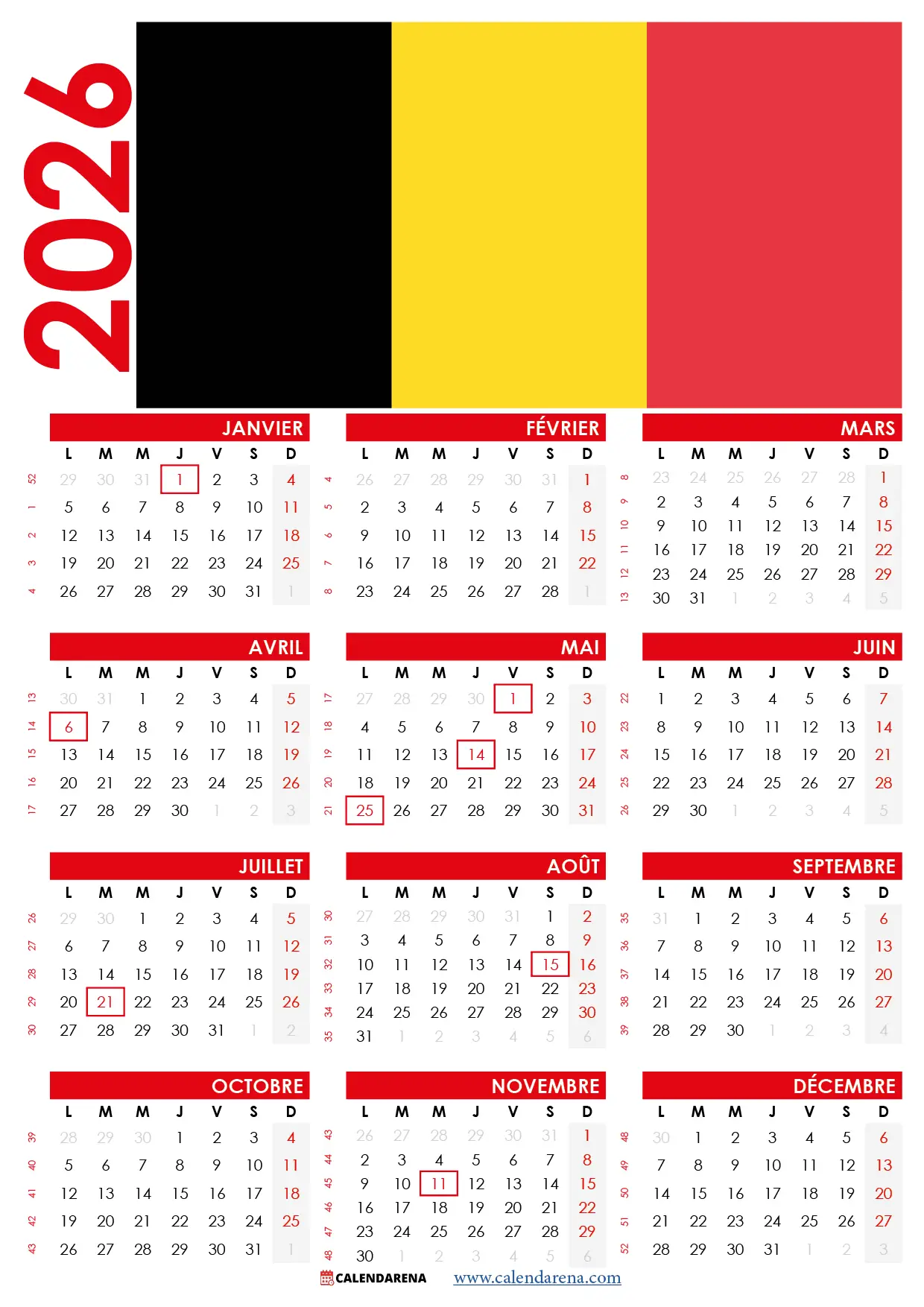 Calendrier 2026 Belgique