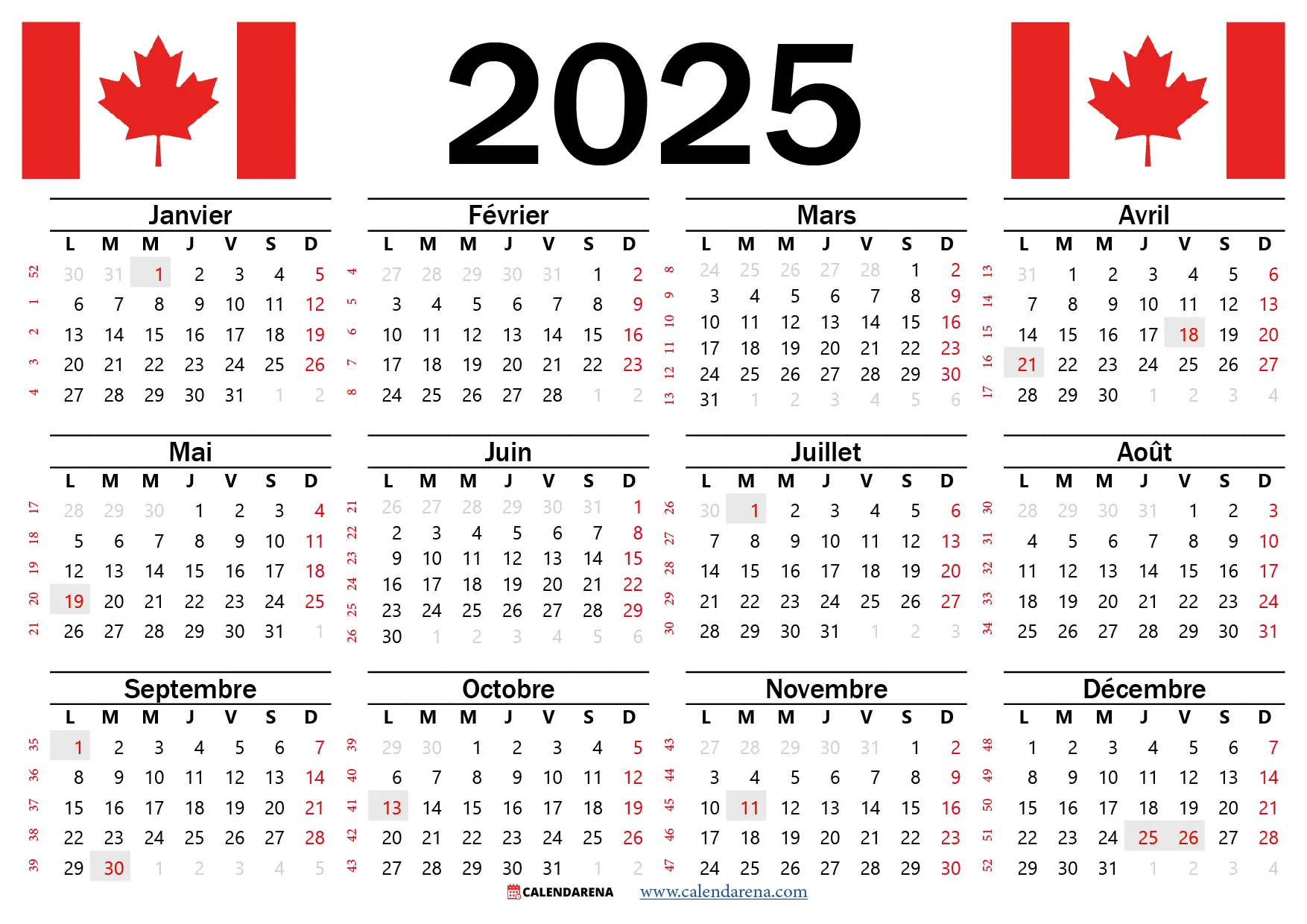 calendrier 2025 à imprimer québec