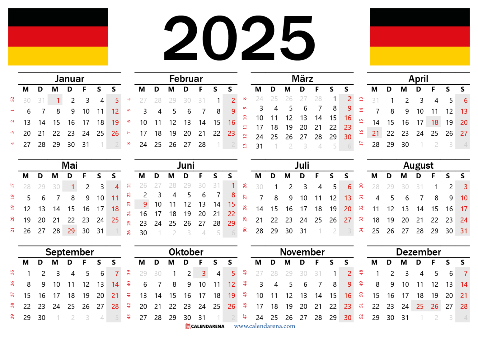 Kalender Deutschland 2025 Feiertage, Schulferien Und Kalenderwochen