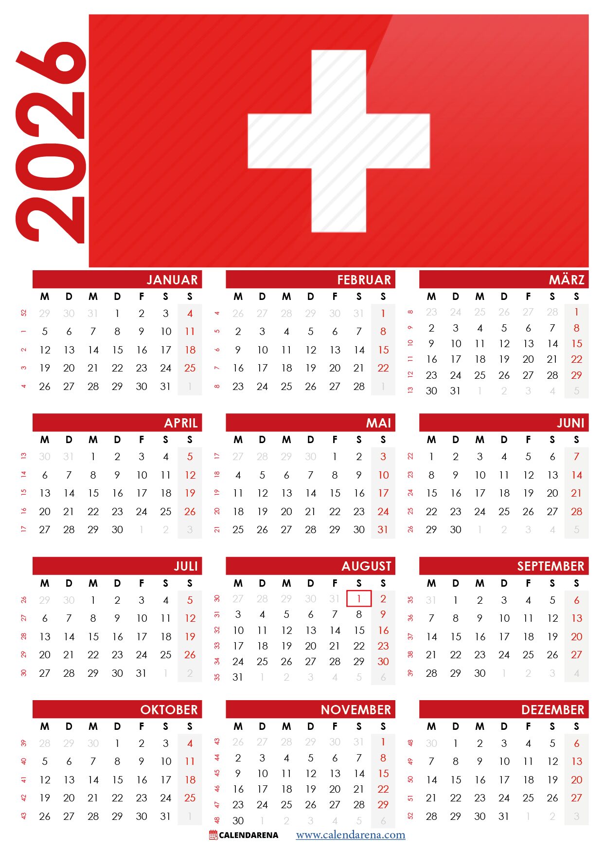 kalender 2026 schweiz mit feiertagen zum ausdrucken