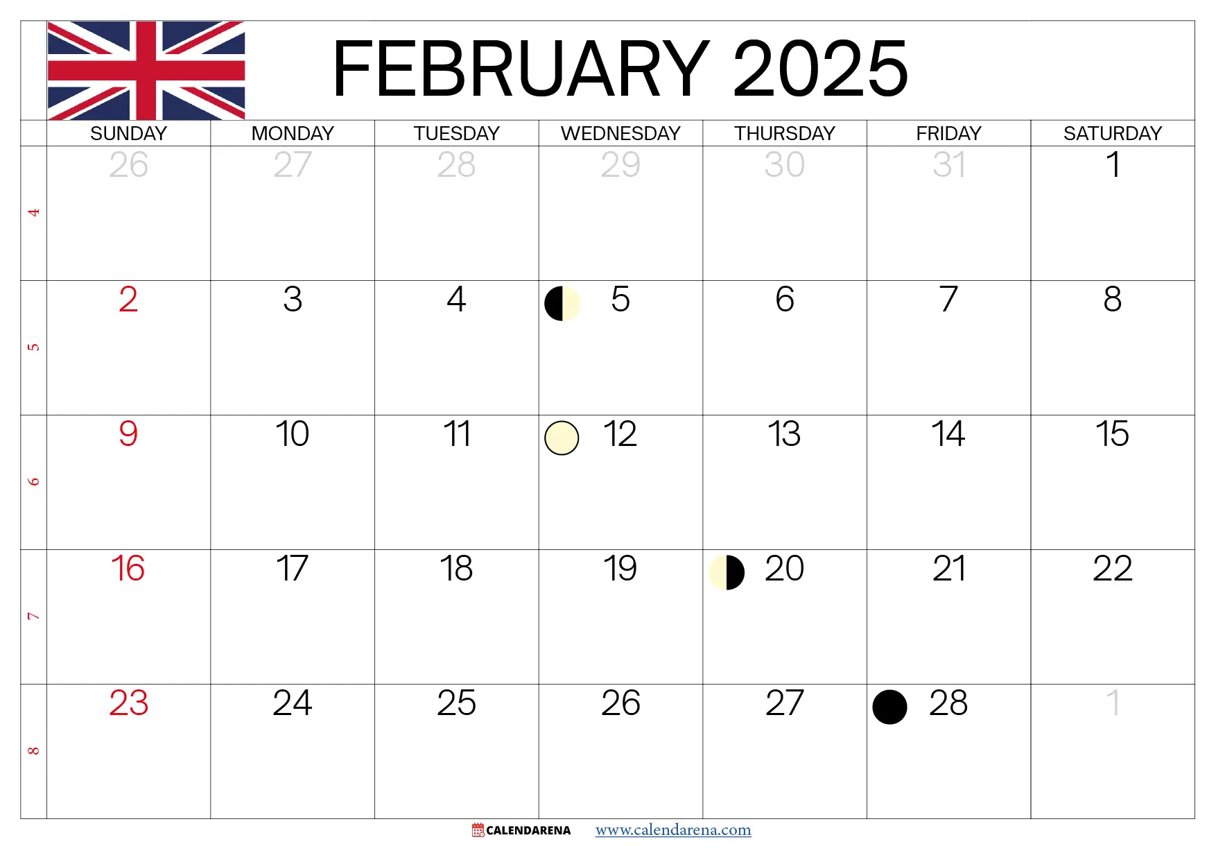 2025 Calendar February uk