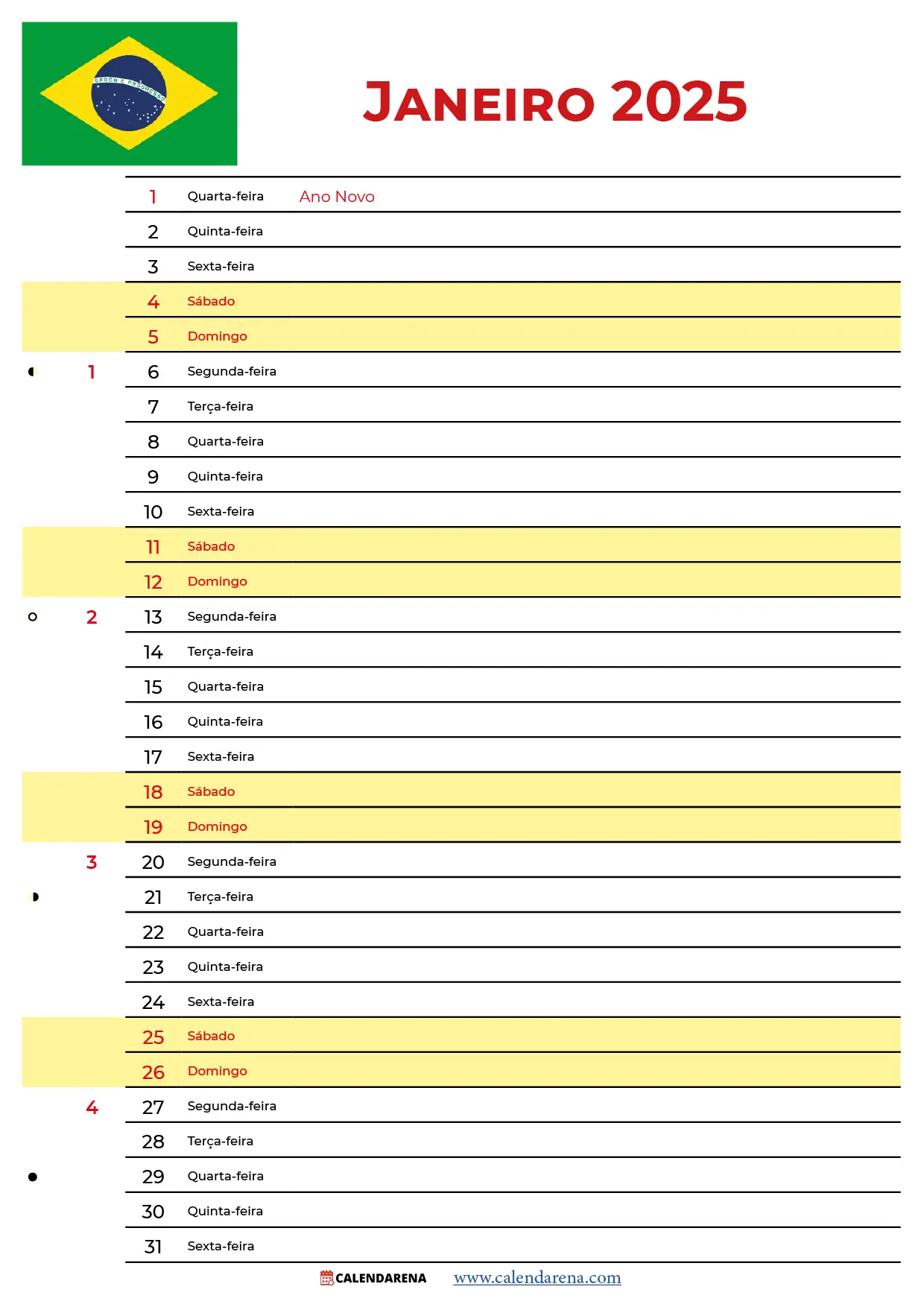 Calendário 2025 Janeiro