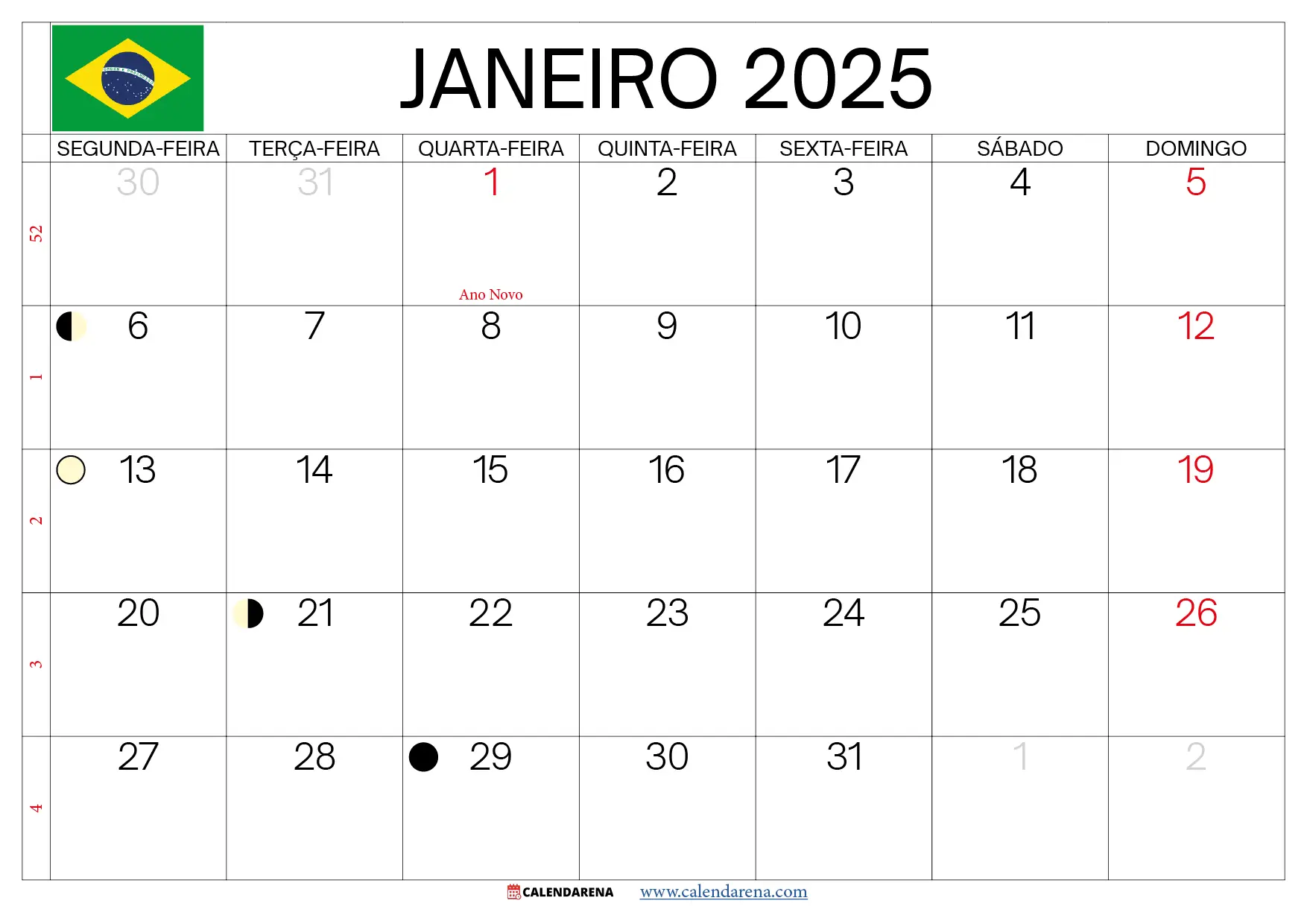 Calendário De Janeiro De 2025