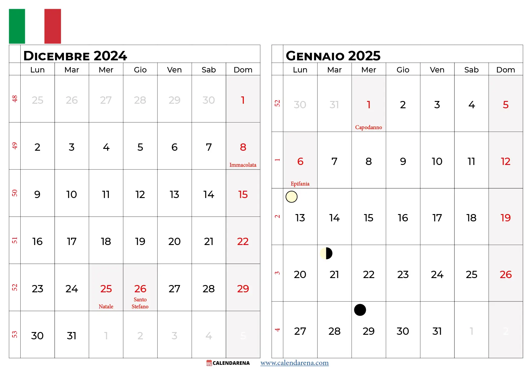 Calendario Dicembre 2024 Gennaio 2025