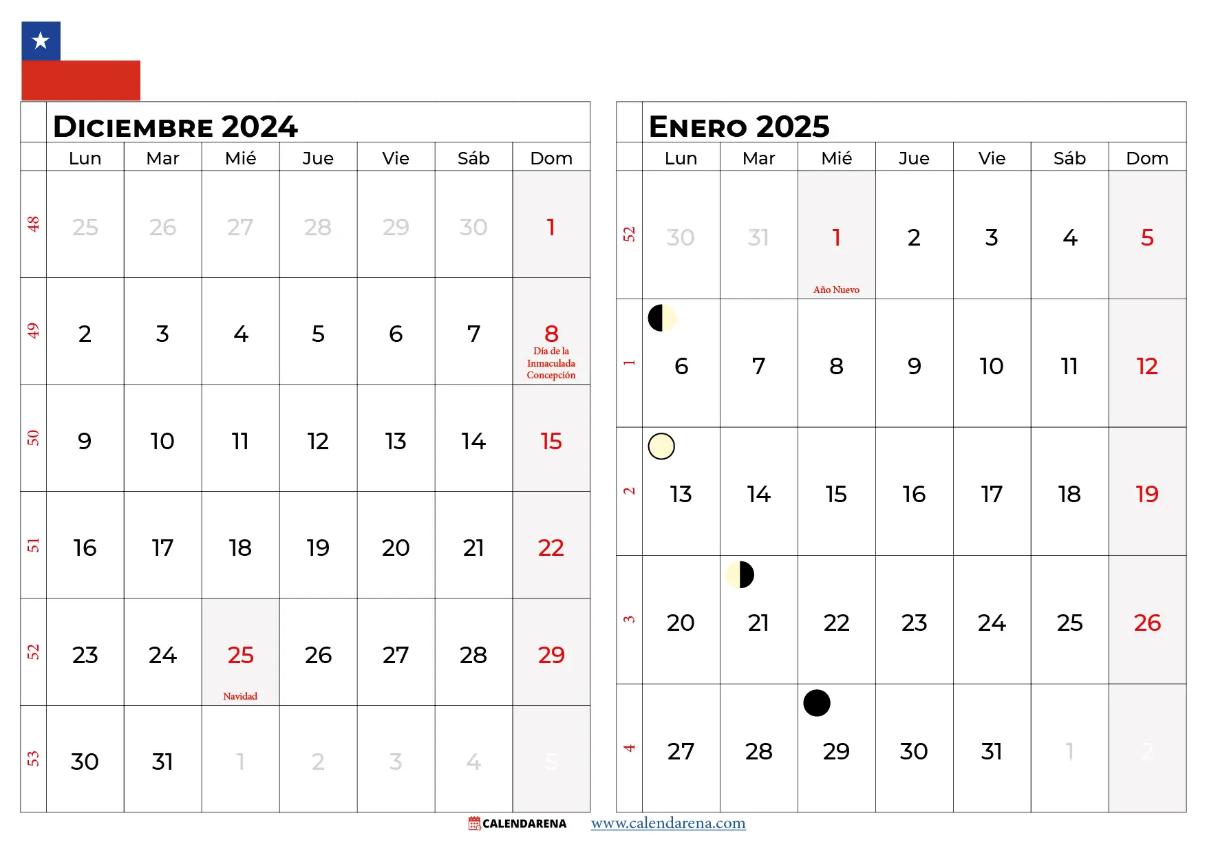 Calendario Diciembre 2024 Enero 2025 chile