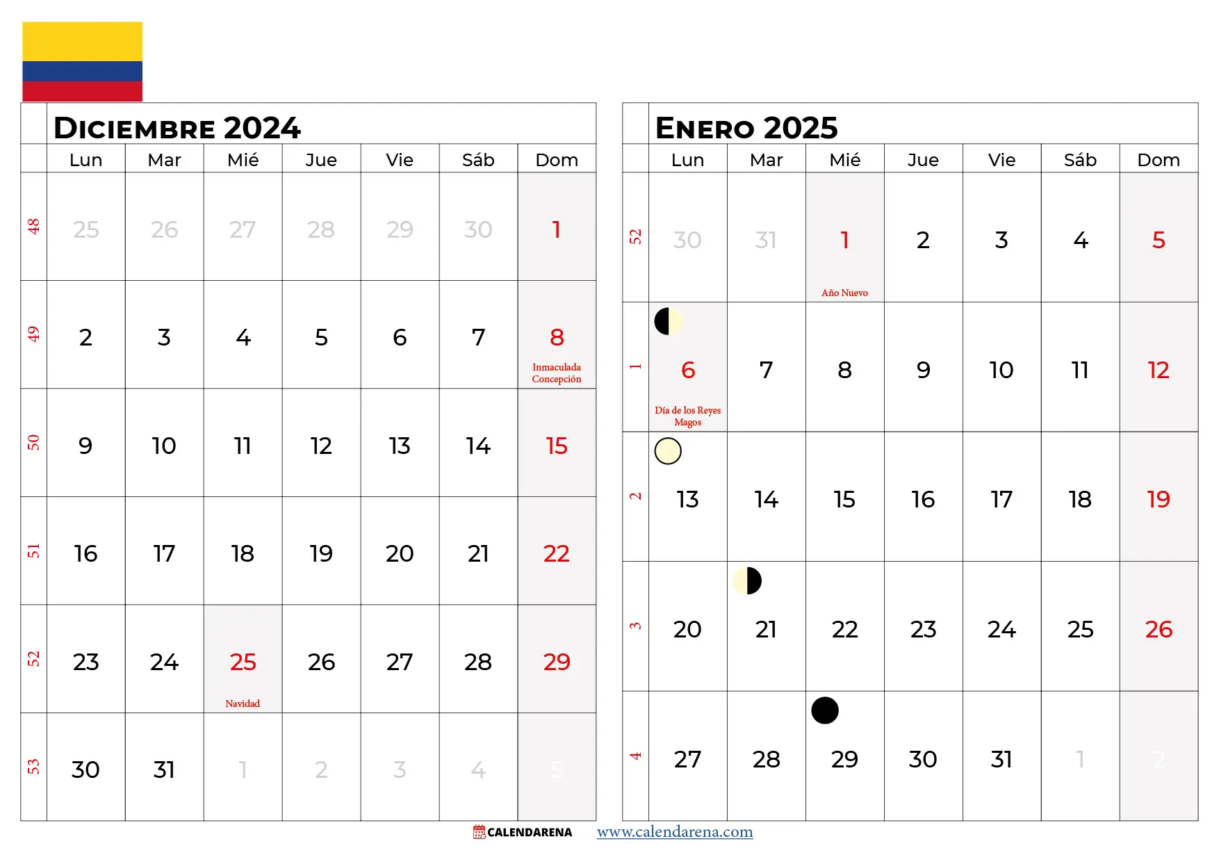 Calendario Diciembre 2024 y Enero 2025 Colombia