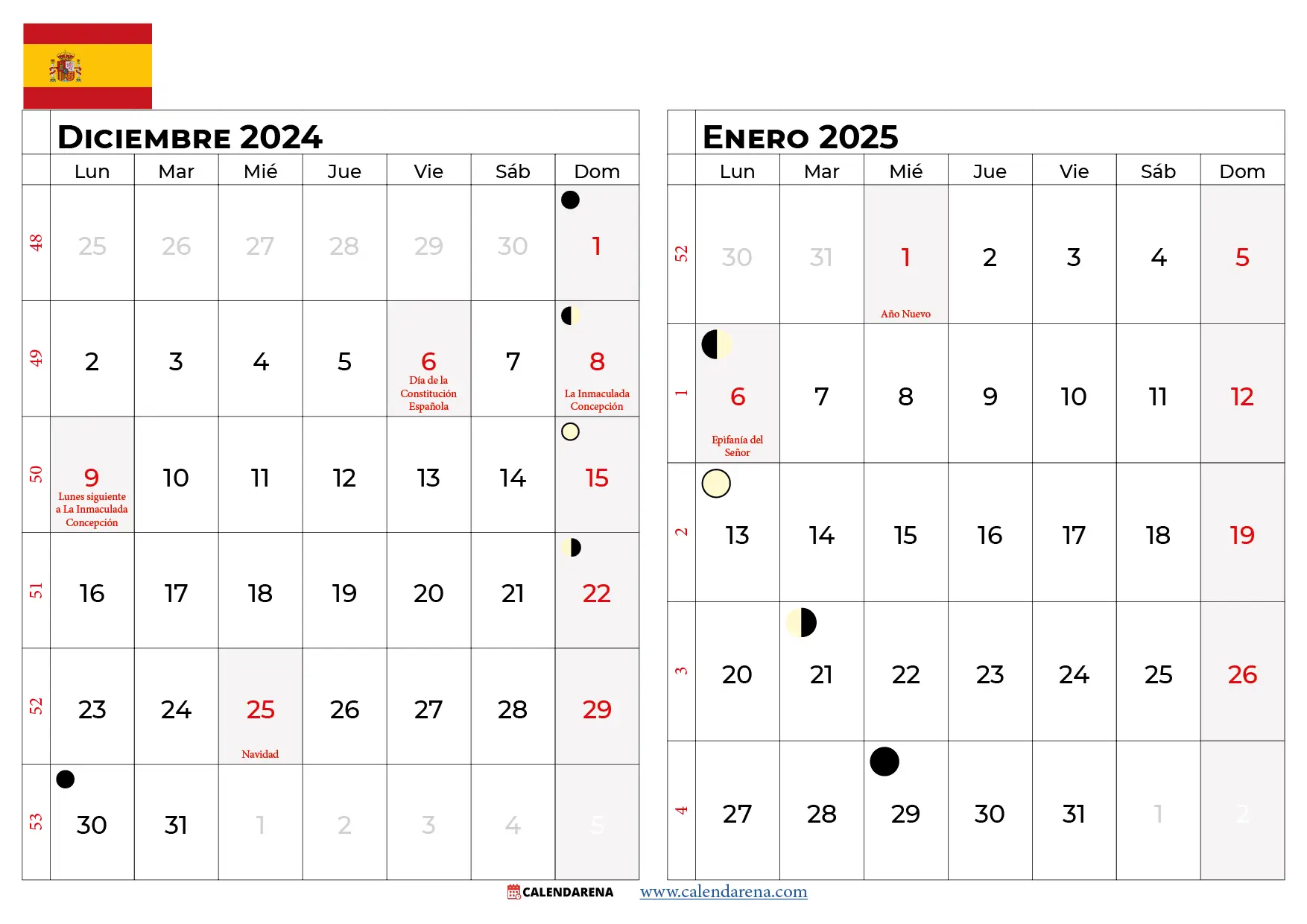 Calendario Diciembre 2024 y Enero 2025 españa