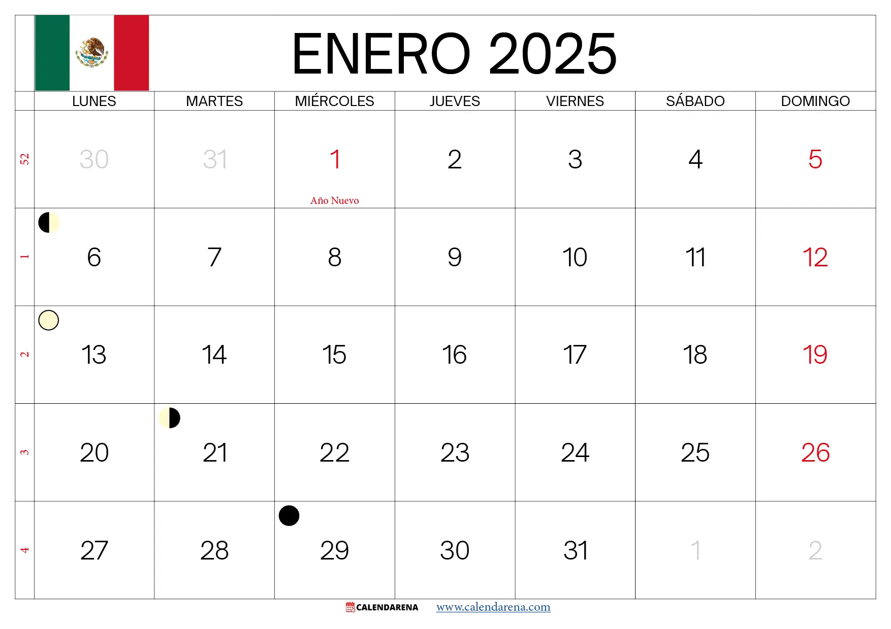 Calendario Enero 2025 México Para Imprimir