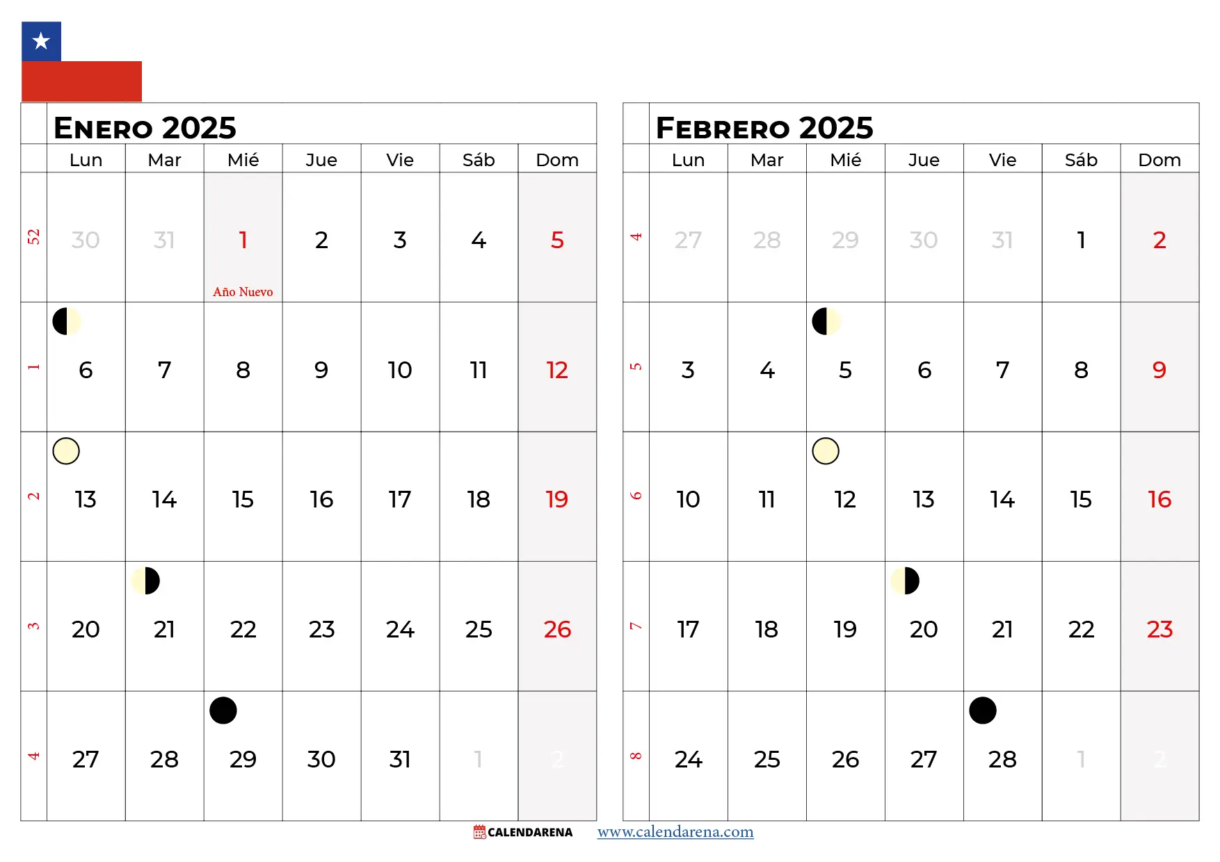 Calendario Enero y Febrero 2025 chile