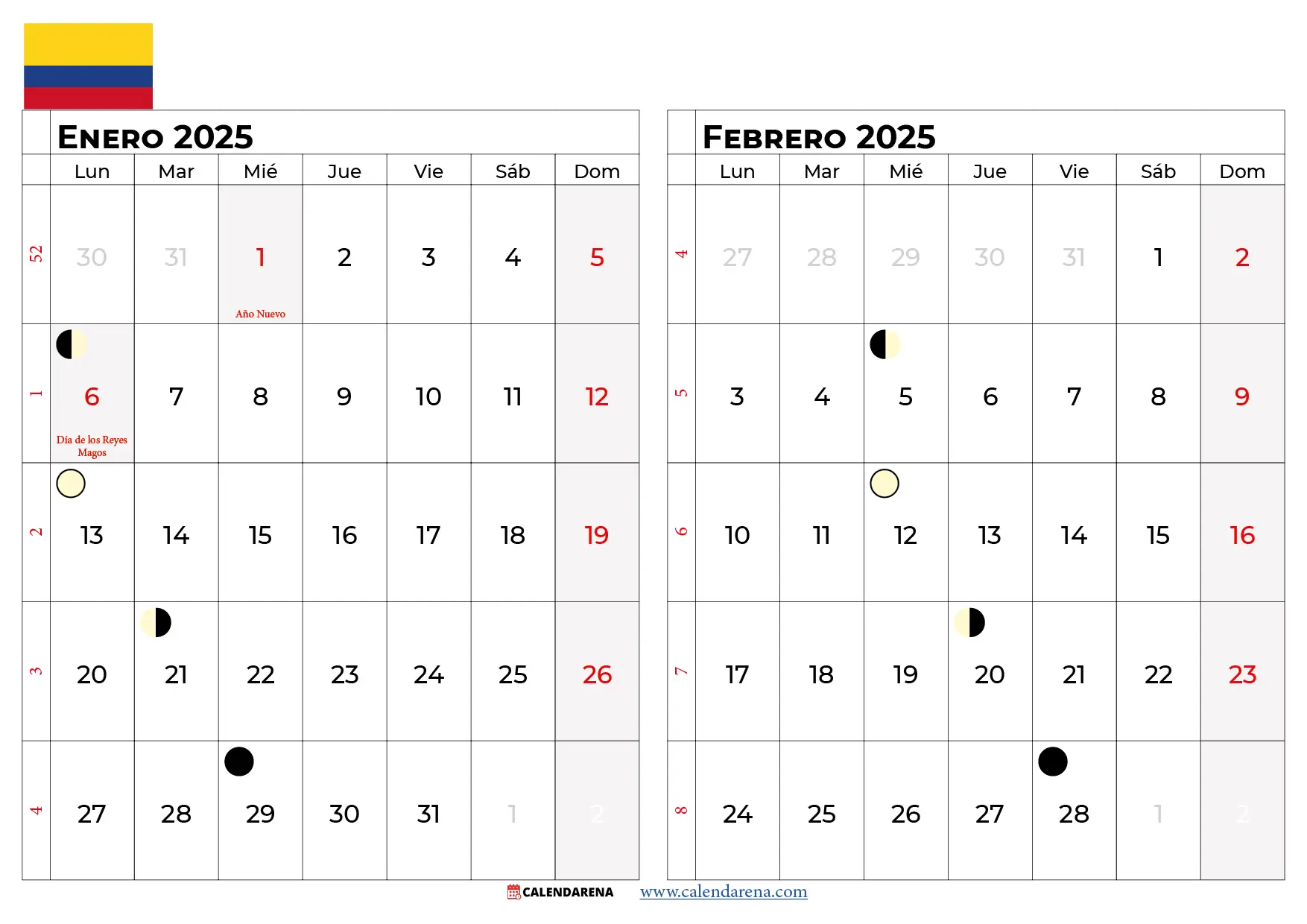 Calendario Enero y Febrero 2025 colombia
