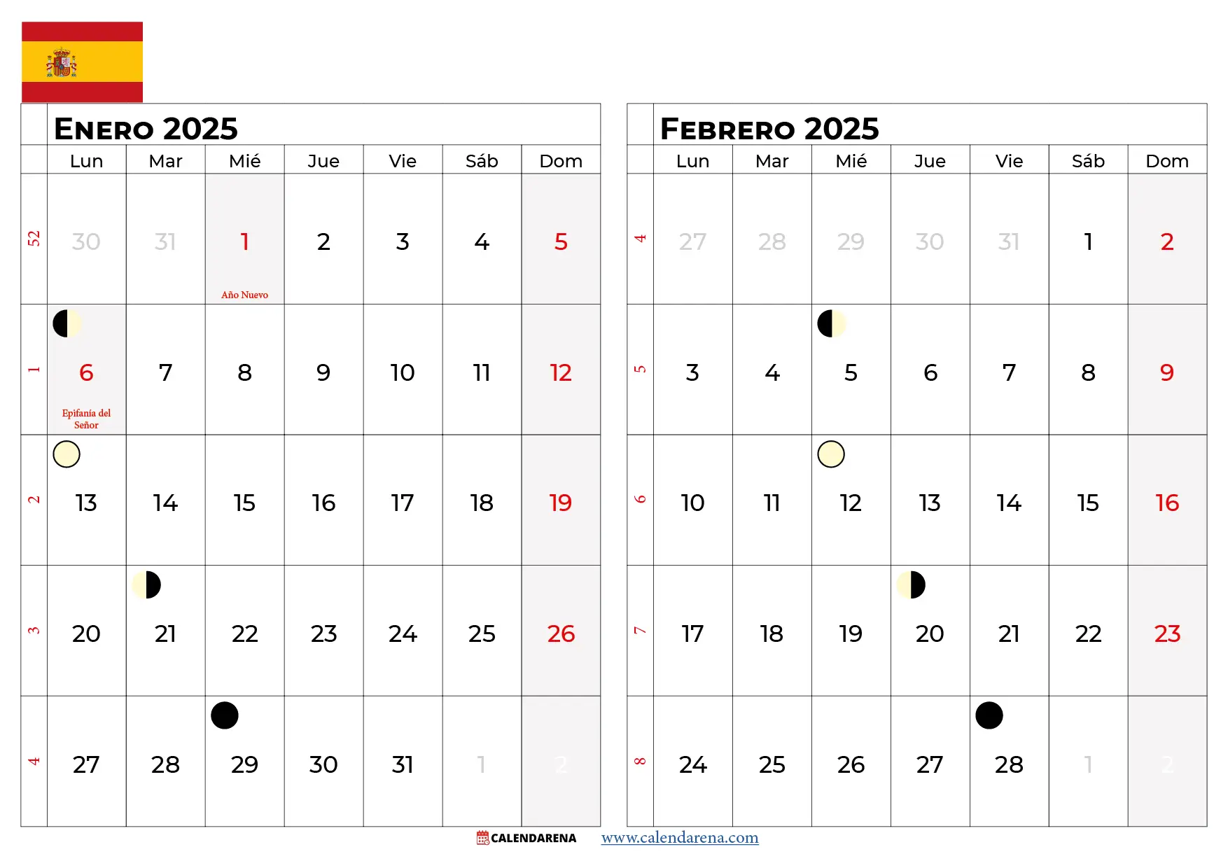 Calendario Enero y Febrero 2025 españa