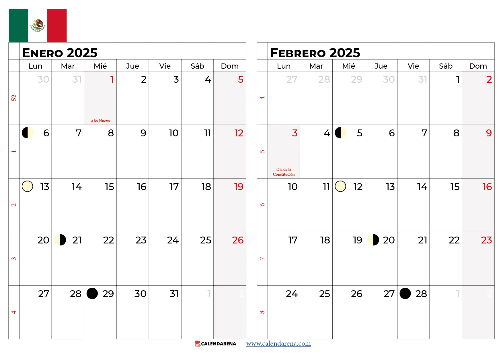 Calendario Enero y Febrero 2025 mexico