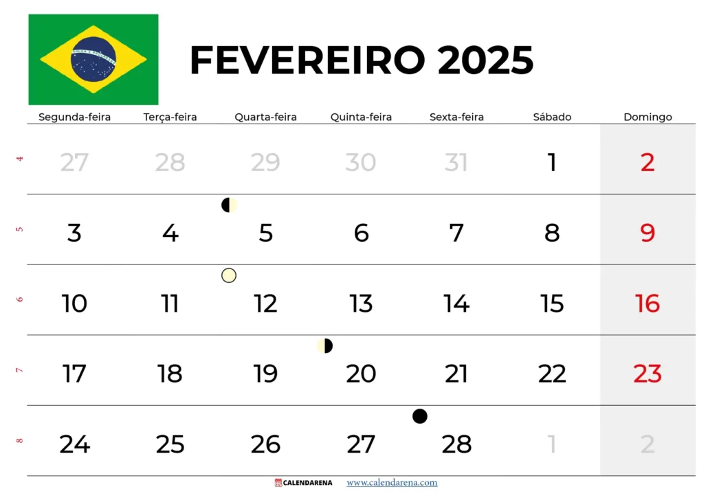 Calendário Fevereiro 2025 Brasil