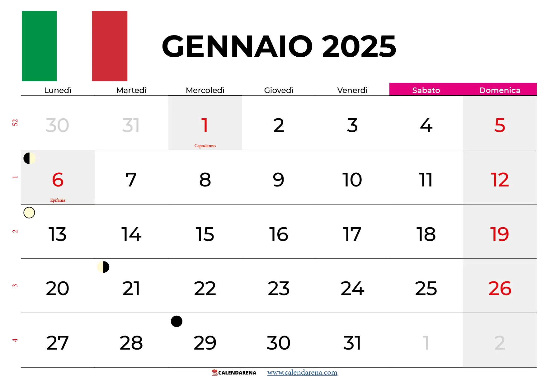 Calendario Gennaio 2025